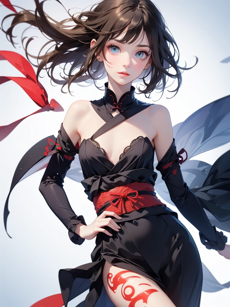 absurdres, RAW photo, extremely delicate and beautiful, masterpiece, Best Quality, ultra high resolution, 32k, hyperrealistic, ultra-detailed, delicate facial features, beautiful detailed woman, tearful mole, earring, medium breasts, full body shot, medium hair, black hair, fire witch, blood, light particles, light rays, high contrast, colorful,