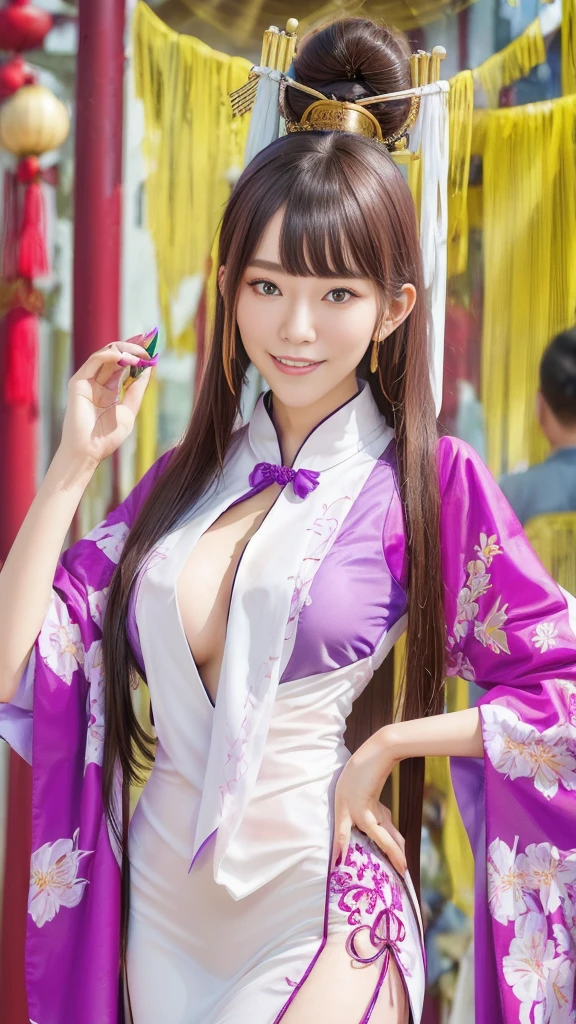 best qualtiy、masterpiece、photoRealstic、intricate-detail、Raw foto、Photon Rendering、Octane Rendering、absurderes、ultra-detailliert、A detailed face、Detailed skin、Trending in art stations、8K Masterpiece、lighting like a movie、( (1girl in))、((独奏) ))、CG Social Trends、Plastic En、((Black Long Hair))、((Beautuful Women))、(A smile)、Upper teeth、Fashionable、Hair that flutters in the wind、((Flowing hair))、fashion magazine、((A sexy))、((lighting like a movie)、((indirect lighting)、、(ssex)、Grinning、(View from a distance)、((Festival of Japan))、Dark purple kimono、Hair is up、
