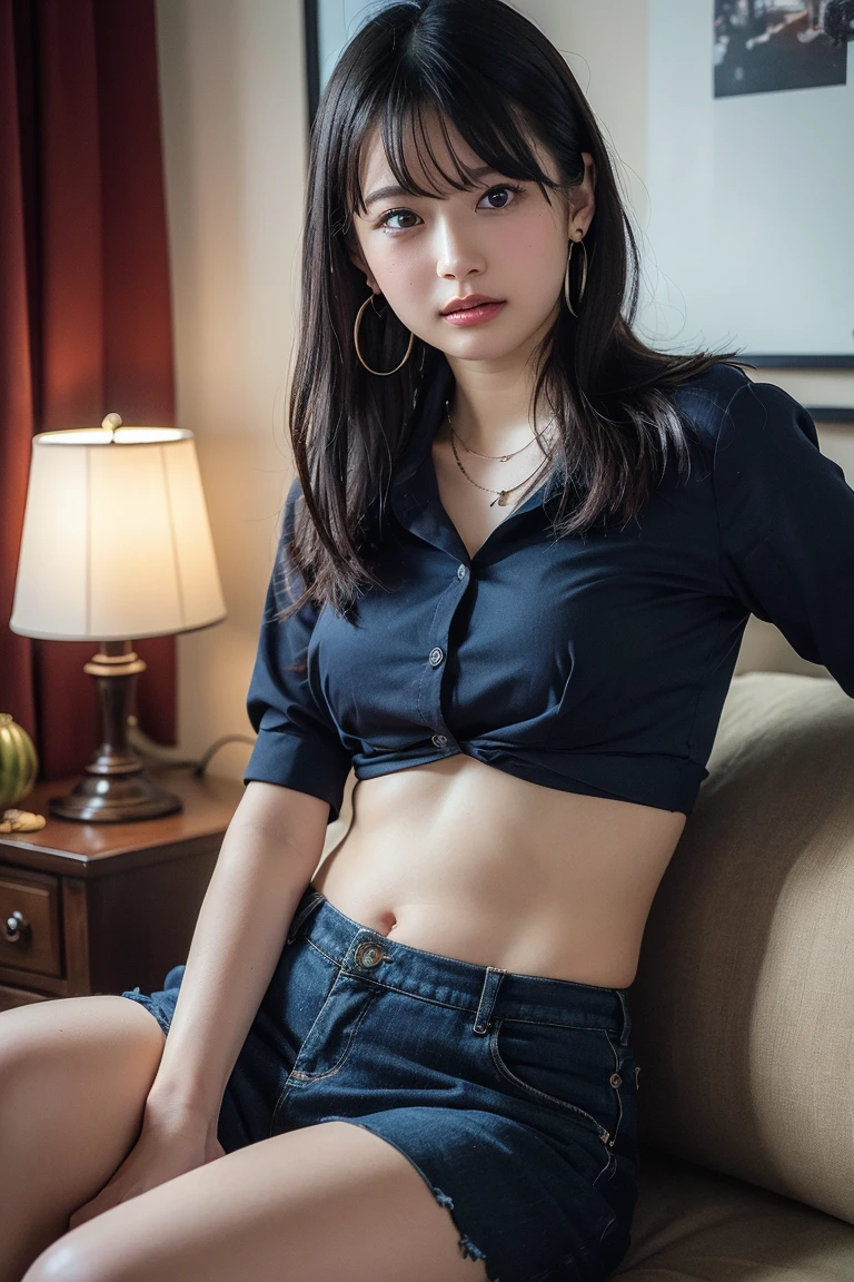 A scared girl wears unbuttoned skirt, flat chest, lying on the sofa, looks very enjoyable, bukkake style, looks depressing, high quality, ultra-detailed, crazy details, 4K