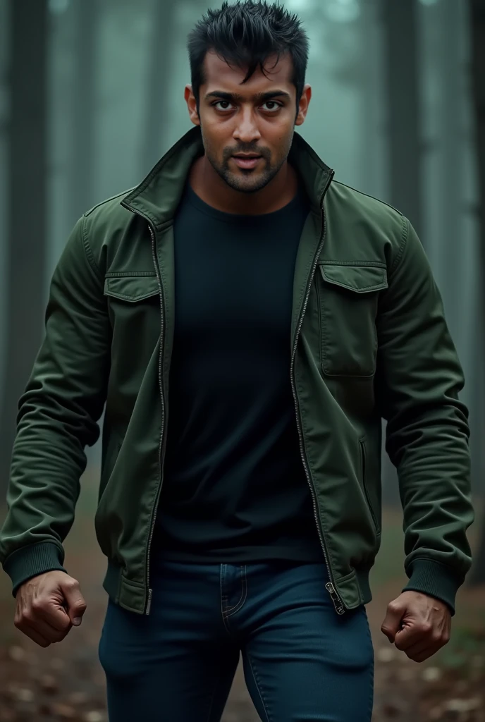 『Man in green jacket in forest』、Vin Diesel style、heroic、Epic Fantasy as Medieval Fantasy Characters、ファンタジー・キャラクターのprofileショット、Ronaldo Nazario's recollections、profile、Epic fantasy detailed portraits、green々He was wearing a worn out green jacket.、It depicts Arafed getting lost in the forest.。The lines of wisdom and bravery characterize the sturdy character of Vin Diesel.、Reflection of light