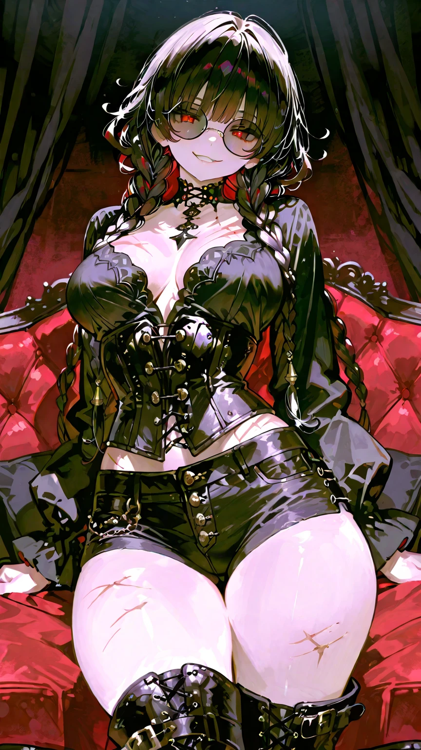 (NSFW), (Masterpiece), (Highest quality), (Detailed), Light Layering, Glowing skin, Intricately detailed tattoo of Devil's Wings on back, Tight leather corset, Black leather boots, Thigh-high boots with buckles, Hair ornaments featuring feathers and pearls, From above, Black Hair, Black Choker, Long Hair in a Hime cut, Blunt bangs framing her face, Side Lock falling to one shoulder, Red eyes filled with desire, Holding a walking cane with intricate carvings, (Mature woman: 1.1), [Browsing Caution, Nudity], Side Ponytail