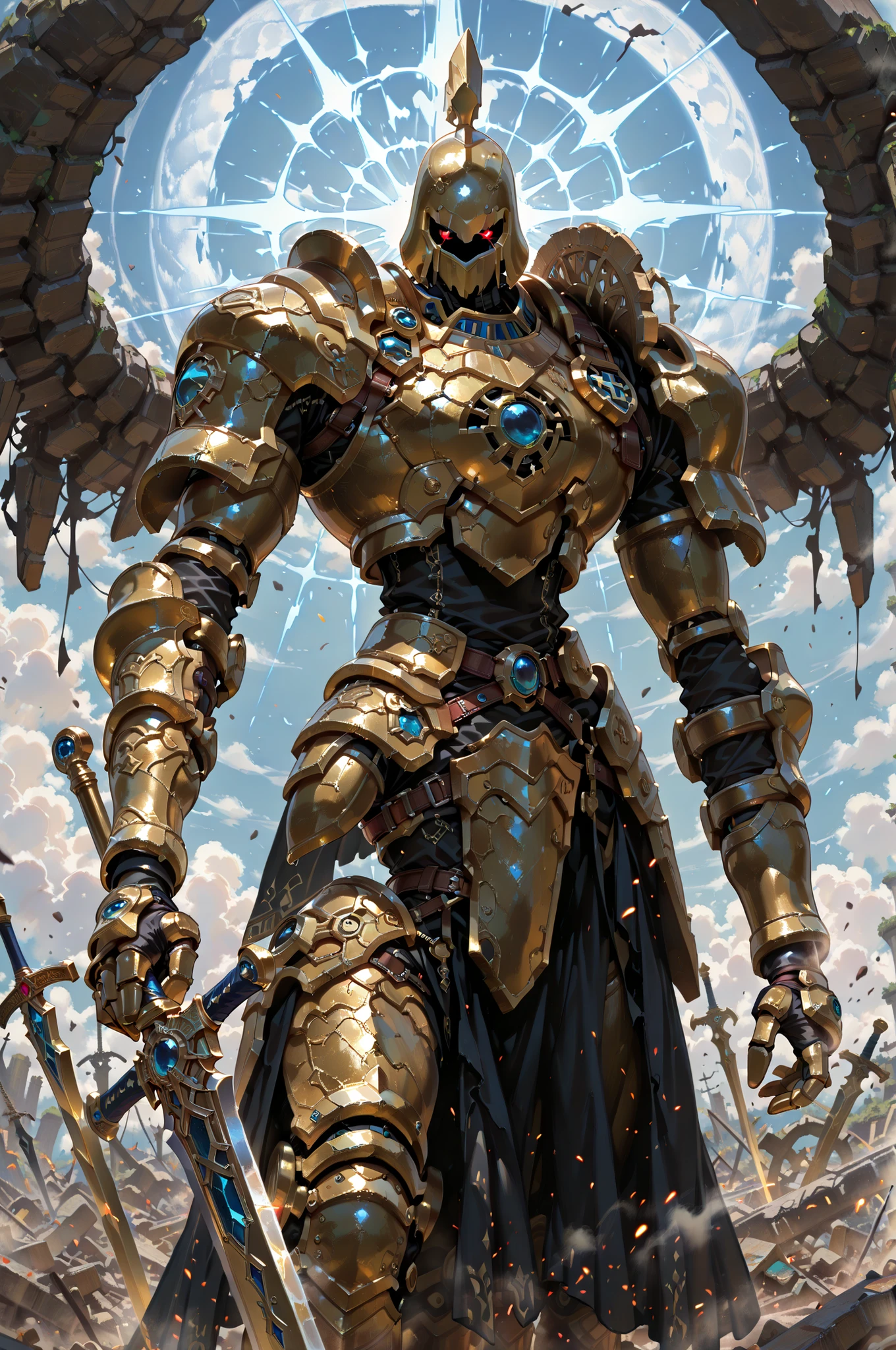 (masterpiece, best quality:1.2), highly detailed, fantasy theme, solo, 1 golem , golden armor, bearer long sword , a tenple ruins on background, fan art,