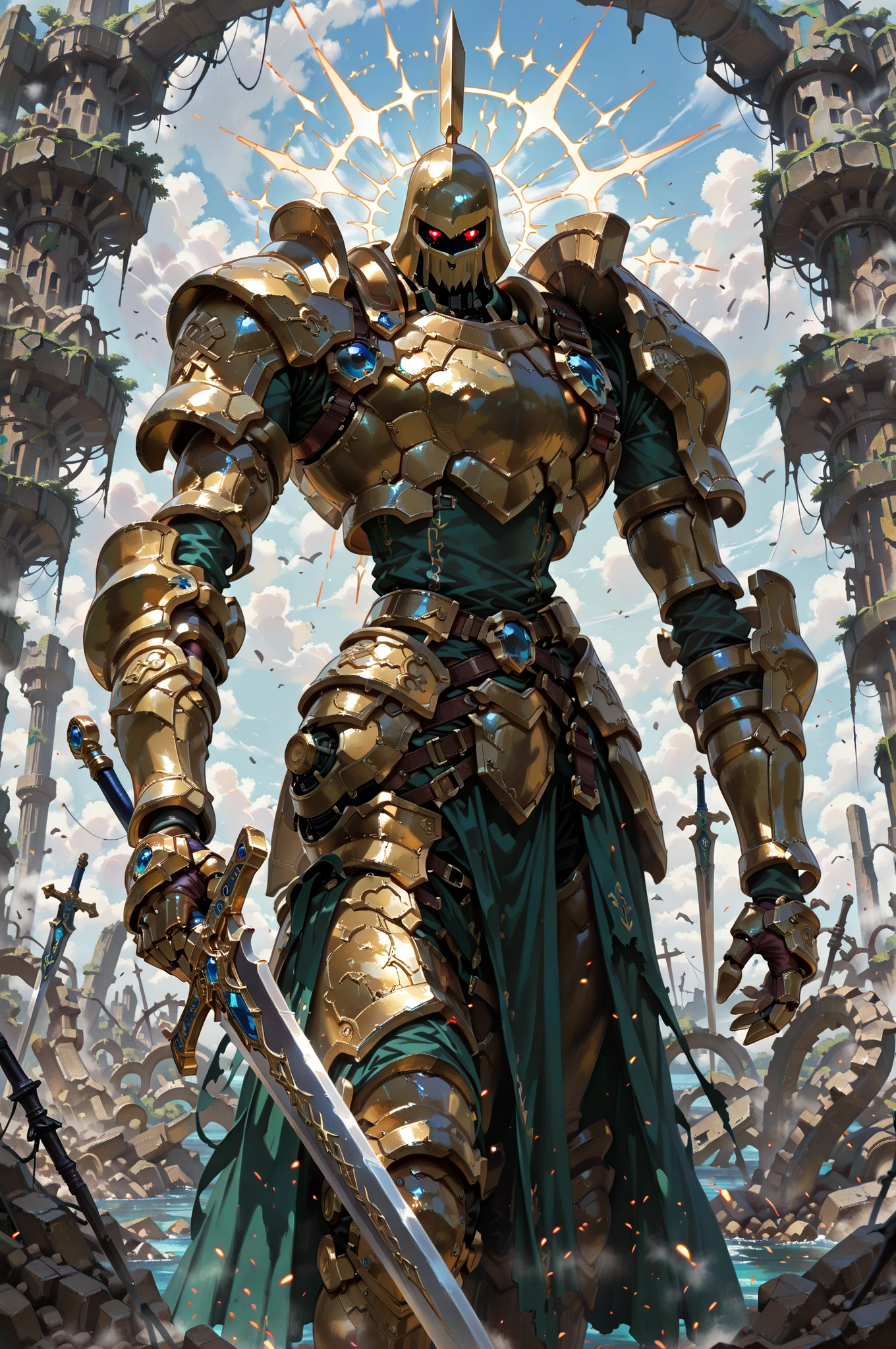 (masterpiece, best quality:1.2), highly detailed, fantasy theme, solo, 1 golem , golden armor, bearer long sword , a tenple ruins on background, fan art,