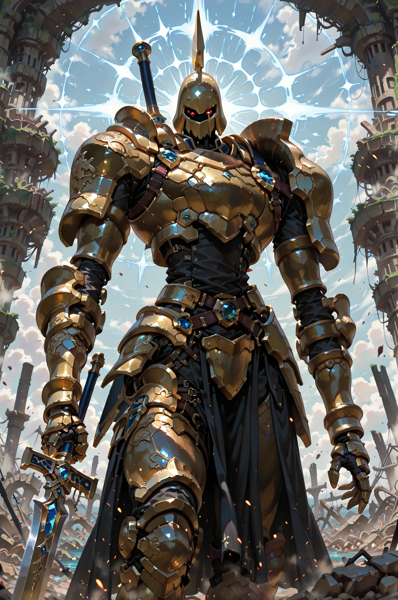 (masterpiece, best quality:1.2), highly detailed, fantasy theme, solo, 1 golem , golden armor, bearer long sword , a tenple ruins on background, fan art,