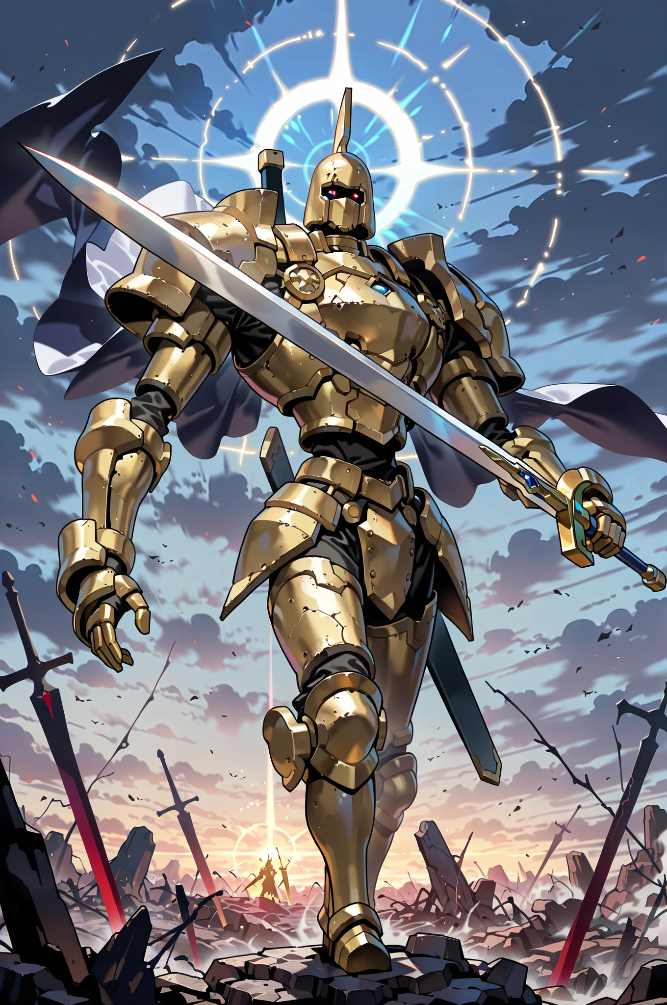 (masterpiece, best quality:1.2), highly detailed, fantasy theme, solo, 1 golem , golden armor, bearer  long sword , a tenple ruins on background, fan art, 