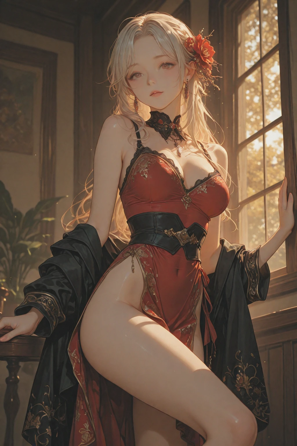  ((Finest quality)),(超A high resolution),(ultra-detailliert),(Meticulous portrayal),((Best Anime)),(Finest works of art),(Ultra-Precision Art),(The art of astounding depiction,Overwhelming depiction:1.5),(intricate and detailed art:1.6), NSFW, small breasts, prominent collarbones, skinny arms, flat stomach, visible hip bones, long hair, red hair, white hair, blonde hair, dark hair, ponytail, thick ponytail, heavy ponytail, red and white clothing, Bloodborne inspired, occult aesthetic, occult, detailed and intricate steampunk and detailed gothic, NSFW Fluttering lace frilly petticoats, pleated petticoats 