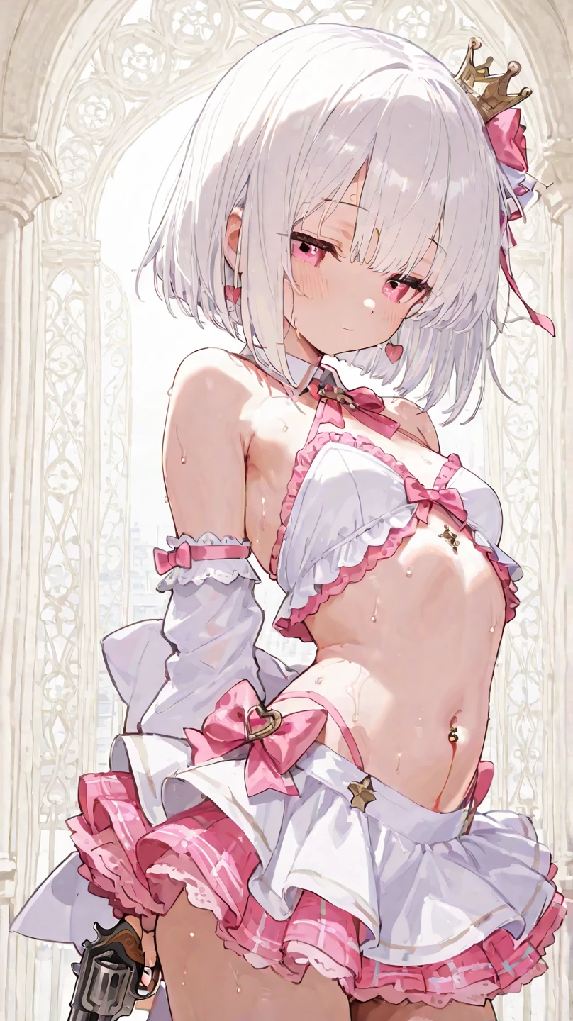 1girl, Angle from below:1.8, The girl bends forward to show off her breasts、legs apart, (Blade), (Tanned shiny black skin:1.6)、Glowing Eyes, ((Sexy evil grin)), (10 years old girl), pink hair、Twin tails、forehead、Small breasts, hat, ((((arabian white clothes, see-through)), (headband), (?????? Slip), small breasts, (jewelry)))、desert, ((sahara)), ((focus ??????))、(手を頭の後ろで組む), (??????),((foot)), ((acrobatic pose)),