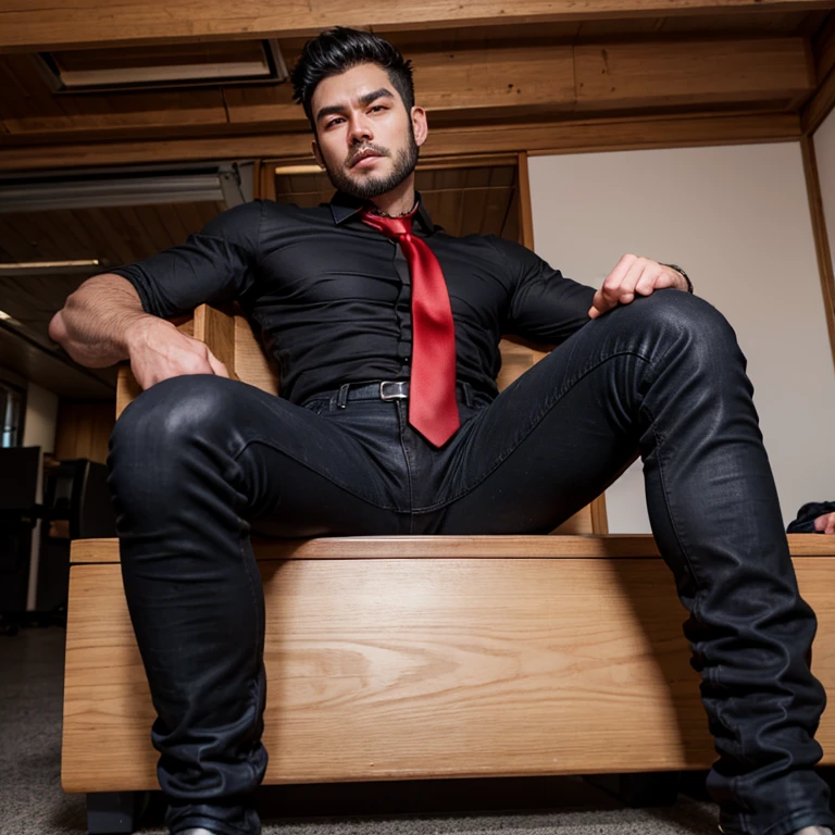 40 years old,Hidetoshi Nakata,(Kogoro Mori 1.3),whole body,red legwear,两个穿Tights的男人站着,office,sofa,Thick body hair,Red underwear,Topless,Densely hairy,Fortitude,HD,With a mustache,Tights