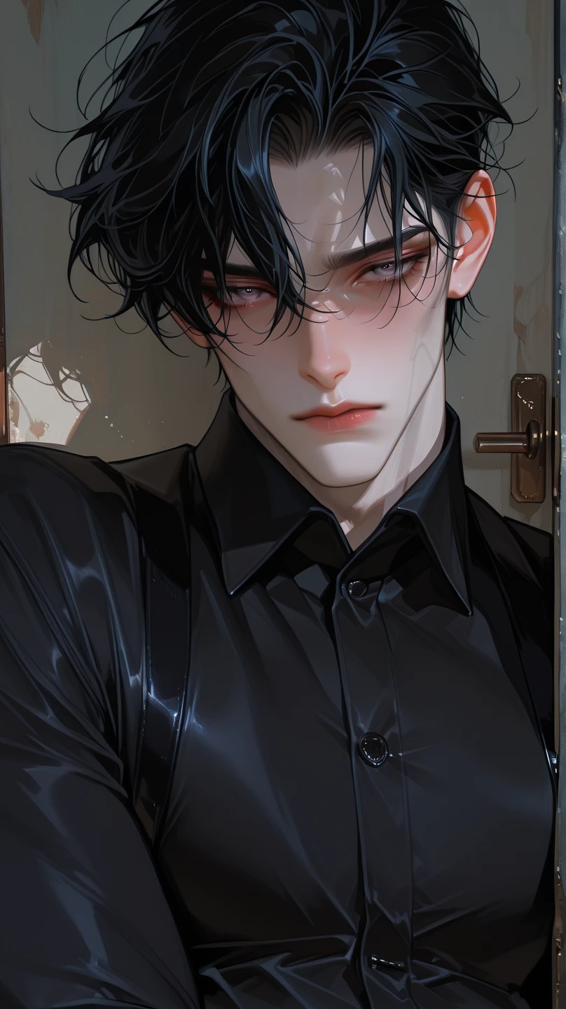 (Masterpiece), (Best Quality), Very detailed, (( Threesome guy)), Perfect Face, Beautiful Face, Very detail, (short Black-haired man), (long ponytail blonde-haired man), (mid dark-haired man)、white shirt and Black suit, chocolate, long eyelashes, shining, effection, open shirt, teased,
