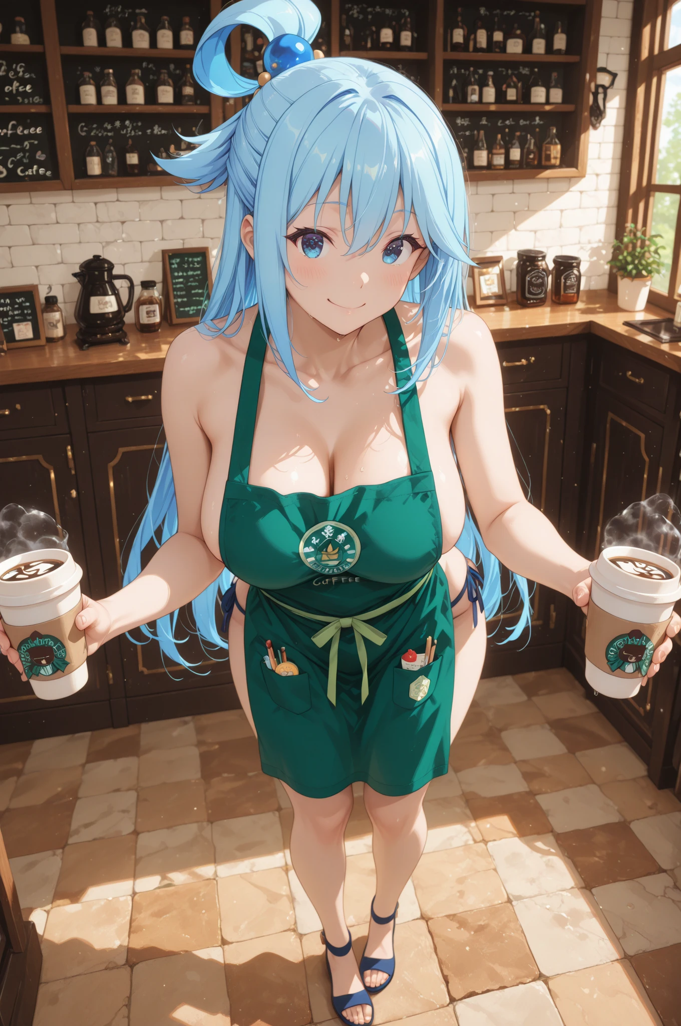 Masterpiece, very huge breasts, perfect body, perfect , perfect face, perfect fingers, gorgeous face, slutty, tan skin, behind a bar, ((barrista)), pigtails, ((full body shot)), green naked apron, ((lactating breasts)), glasses, soaking through top, blushing, sweaty
