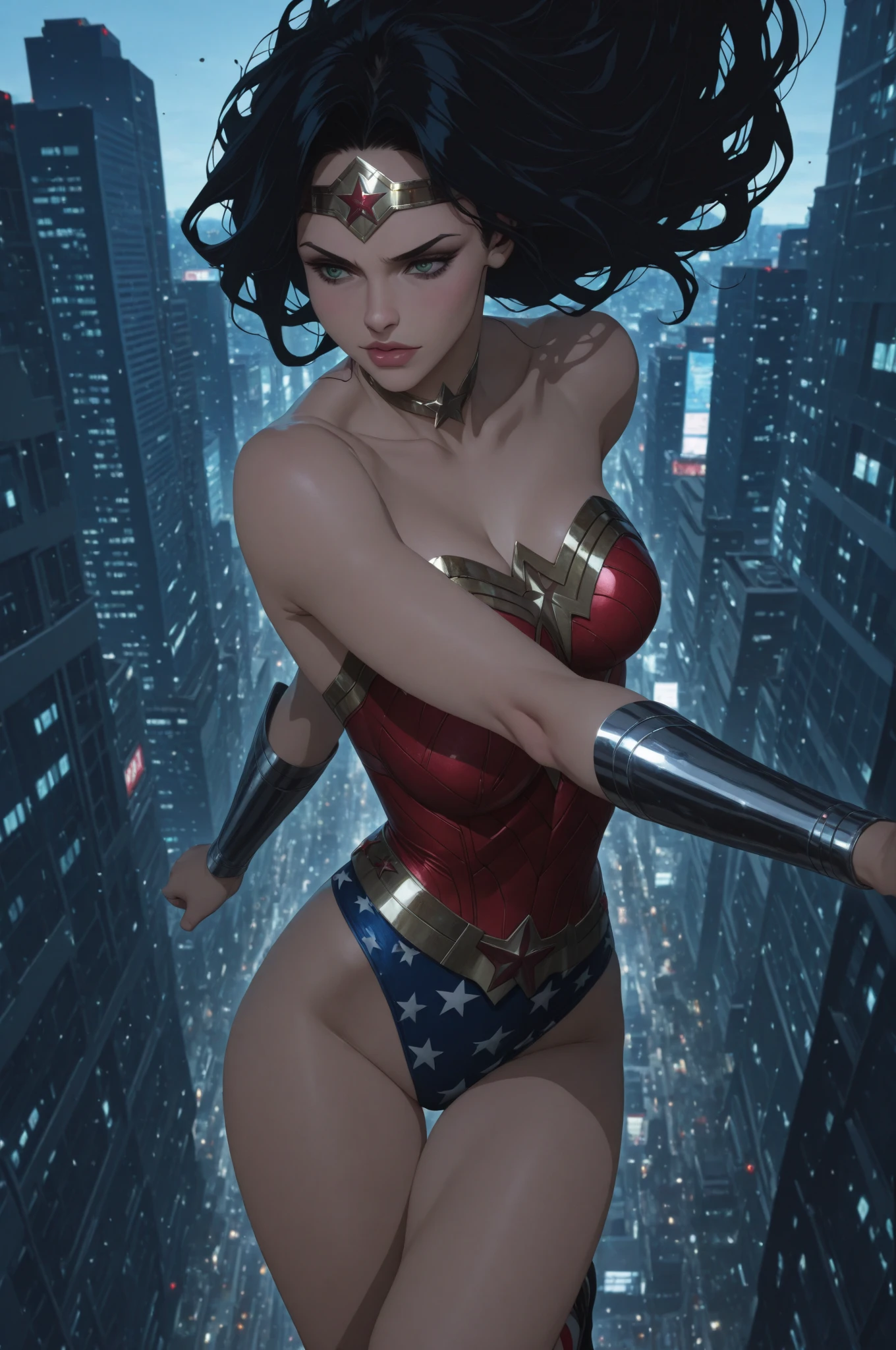 abstract colors, texture, film grain, skin pores, dusty atmospheric haze, vignetting, wrinkles:0.2 intricate hasselblad dslr RAW full-body dramatic portrait photo of a wonder woman with long wavy (windblown)1.2 hair wearing a wonder woman costume, toned and muscular body, blue eyes, , sitting on a ledge overlooking a (New York city skyline:1.2), dangling legs, foggy morning, (back lit: 1.2), (film grain:1.2),