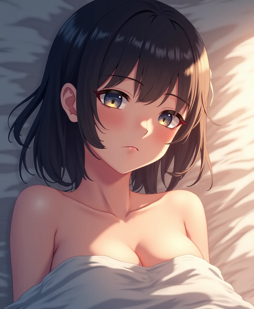 Black-haired short female college student、bed、beautiful breasts、naked、NSFW、POV