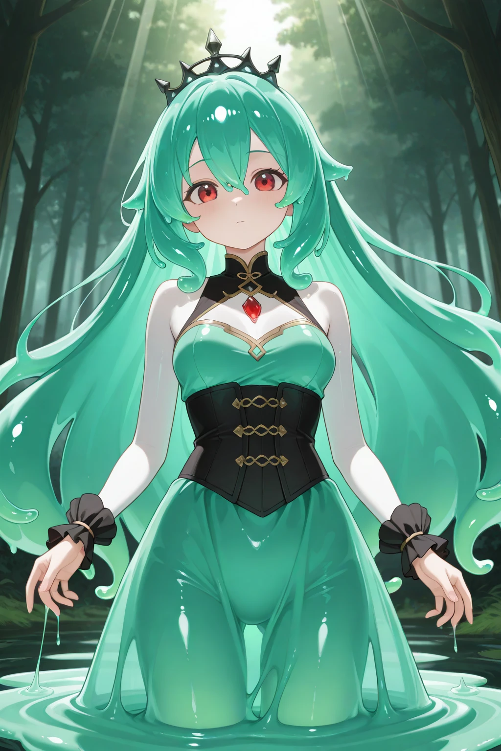 1 girl、Silver Hair、Pale skin、Long Hair、Red flower hair ornament、Emerald green eyes、、High resolution、highest quality、Anime Moe Art Style、Cowboy Shot、Tight latex clothing、High leg、Groin、Outdoor、