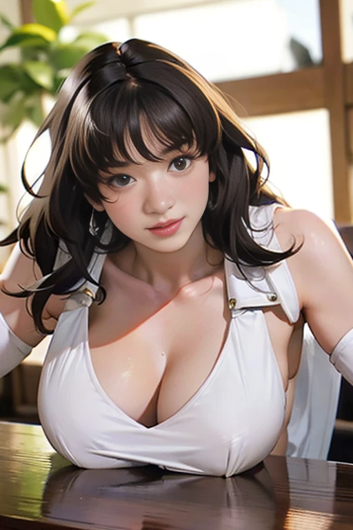 One Girl,(Highly detailed skin),curve,,Beautiful breasts,(Large Breasts),Pale skin,Pointed Chest,Erect nipples,(Fantasy art,Best image quality,Hyperrealist portrait,(8k),Ultra-realistic,最high quality, high quality, High resolution, high quality texture,Attention to detail,Beautiful details,Fine details,Highly detailed CG,Detailed Texture,Realistic facial expressions,Tabletop,before,dynamic,bold),Bob Hair,(Very thin hair),(Super soft hair),(Super Straight Hair:1.5),Long, slicked bangs,Very light coppery amber hair,Hair on one eye,Dressed,loose t-shirt,Swimwear
