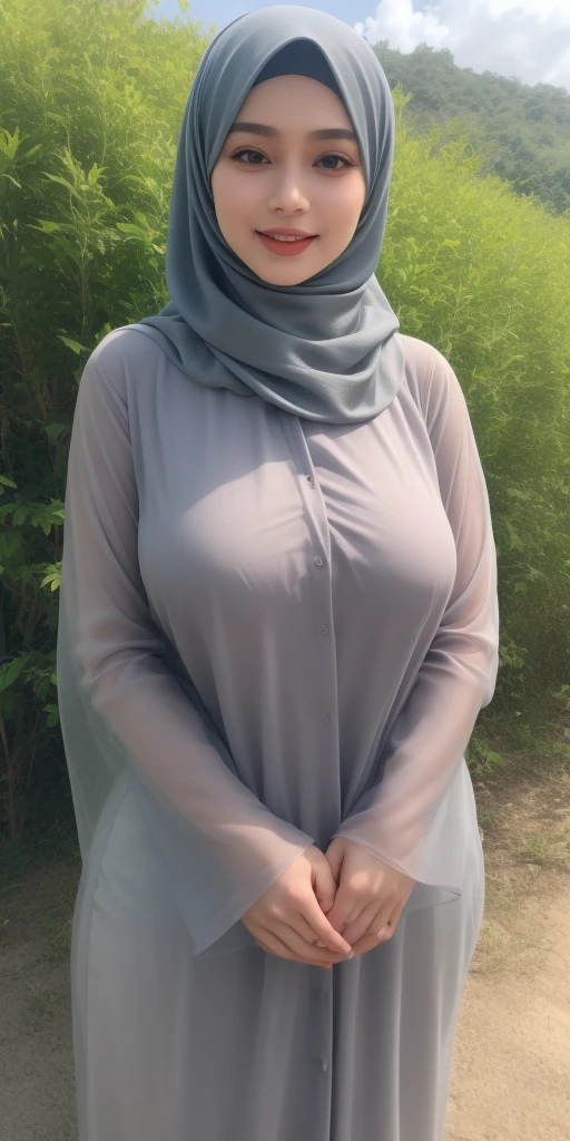  a beautiful young woman hijab, (((super big breast))), (very big breast covered), (Big breast), bare breast, perfect face, (((very huge big breast,))), ((( Big Breast))) long dress see through muslim, (((covering mouth, long veil))), Slim Face、20 years old, stil young, Pretty Lady,  smile eyes, stand up, (big breast covered) , see full body, park