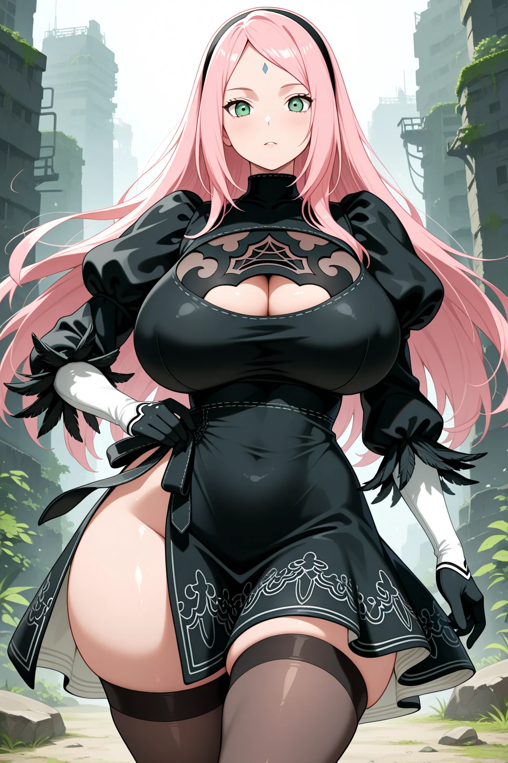 score_9, score_8_up, score_7_up, source_anime, masterpiece, best quality, extremely detailed, 1girl, milf, solo, corrupted, dark persona, (colored skin, black skin:1.8), norn clatalissa jioral, (huge breasts:1.2), ((((pink hair), long hair, hair between eyes, purple eyes, pointy ears))), blue lips, (((tatto, latex dress))), ((evil smile), closed mouth), ((outdoor, ruins))