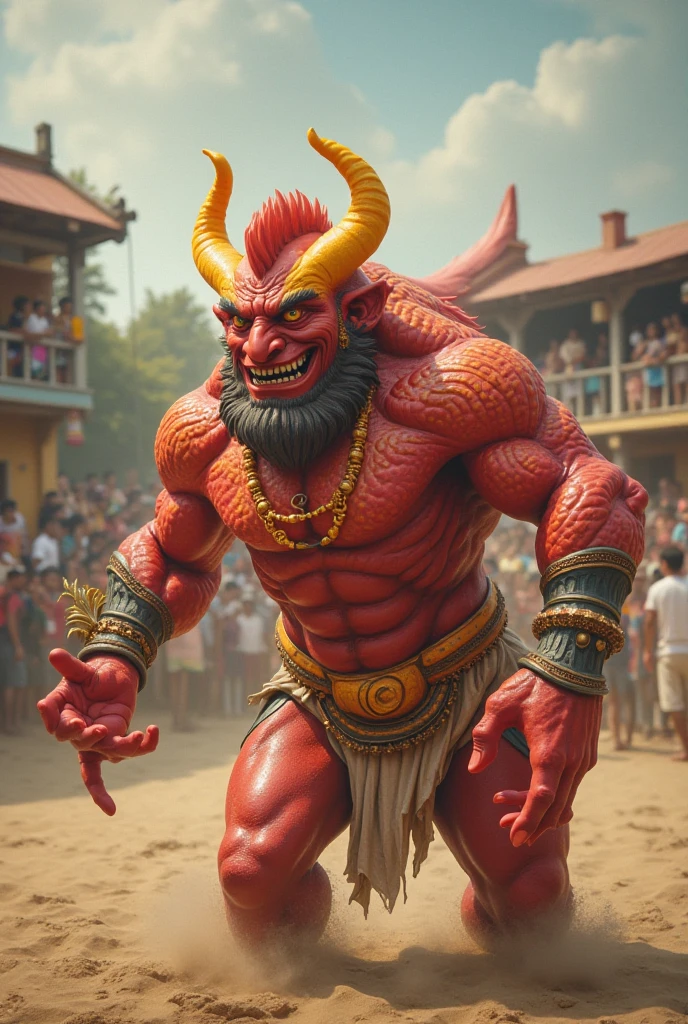 very obese demon that looks similar to a leprechaun with black hair and huge bull like horns that are the color of black ivory. This demon has a firey glow to his very large eyes. He is in a thinking pose. He is sitting on a rock in a runed castle. a firey crown floats above his head. He wears a grim face,