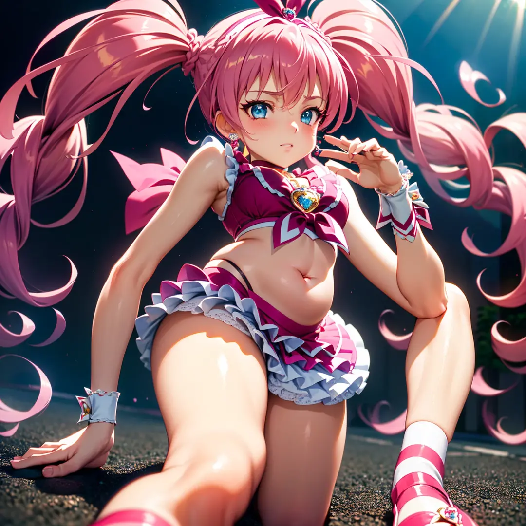 (masterpiece:1.2),(stand:1.6),(Belly button、Outdoor:1.4), best quality, High resolution, unity 8k wallpaper, (illustration:0.8), (beautiful detailed face:1.2, beautiful detailed eyes:1.2), Perfect lighting, extremely detailed CG, (perfect hands, perfect anatomy),
cute, beautiful, charming lady, shiny hair, Glossy skin, beautiful light big eyes,
Mature Woman, married woman, soft With a gentle appearance and a gentle mother-like atmosphere,
Feminine style, beautiful kubire, beautiful, naughty face,
melody_a, pink hair, long hair, twintails, Blue eyes, Pink ribbon, choker, pink choker, jewelry, magical girl, cure melody dress, Frills, abdomen, skirt, frilled skirt, Knee socks, pink Knee socks, Pink Shoes,