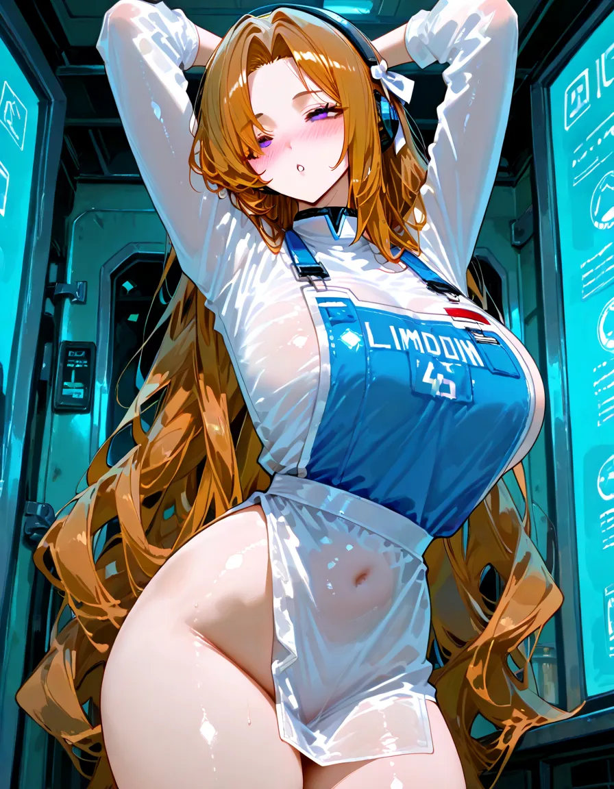 1 girl, solo, long wavy hair, vibrant fiery red hair, hazey blue eyes, skinny, flirtatious curves, gigantic breasts, 2 breasts, symmetrical breasts, anime girl, no bra, surprised expression, powder blue strapless dress that flows into a silhouette that elegantly complements the wearer's figure. Strappy black heels. Top pulled down, breasts naked, fully clothed except for top. Home setting.