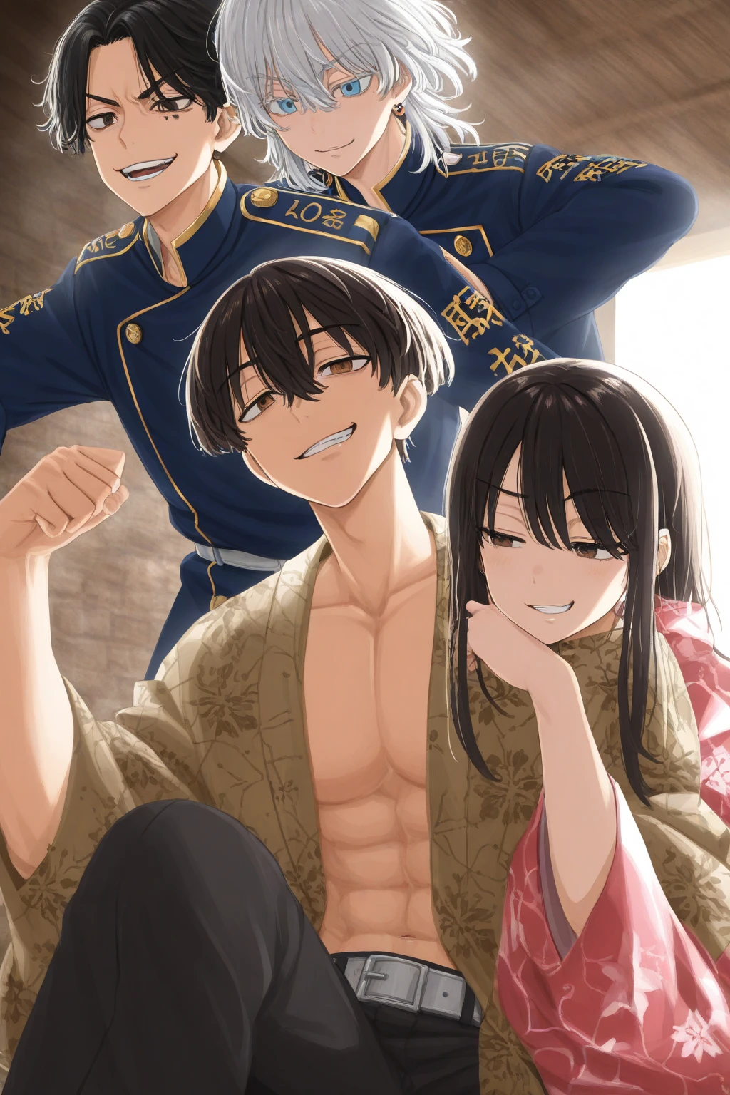 A naked young Japanese man surrounded by a group of people
