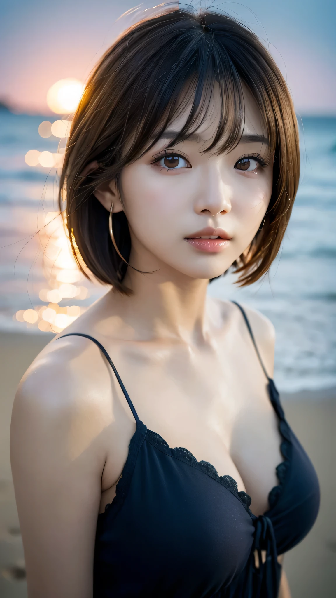 (Ultra-realistic), (figure), (High resolution), (8k), (Very detailed), (Best figure), (Beautiful and detailed), (Highest quality), (Super detailed), (masterpiece), (wallpaper), (Detailed face), alone, One Girl, watching viewer, Trendy clothes，Less exposure、Fine details, Detailed face, In the Dark, Deep Shadow, Modest, Pure Erotic Face Ace_v1, cool, short hair, Pointed diagonal bangs，Beach