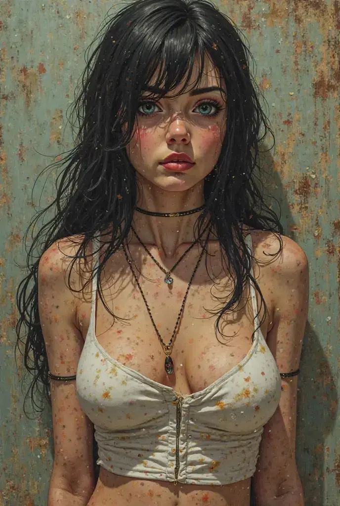 volumetric lighting, ambient lighting, highres, masterpiece, 8k, sad, detailed dark hair, (messy hair), long greasy hair, disheveled, unwashed, thick eyebrows, worn dirty camisole, midriff, (wearing glasses), (hugging), loving embrace, lovers