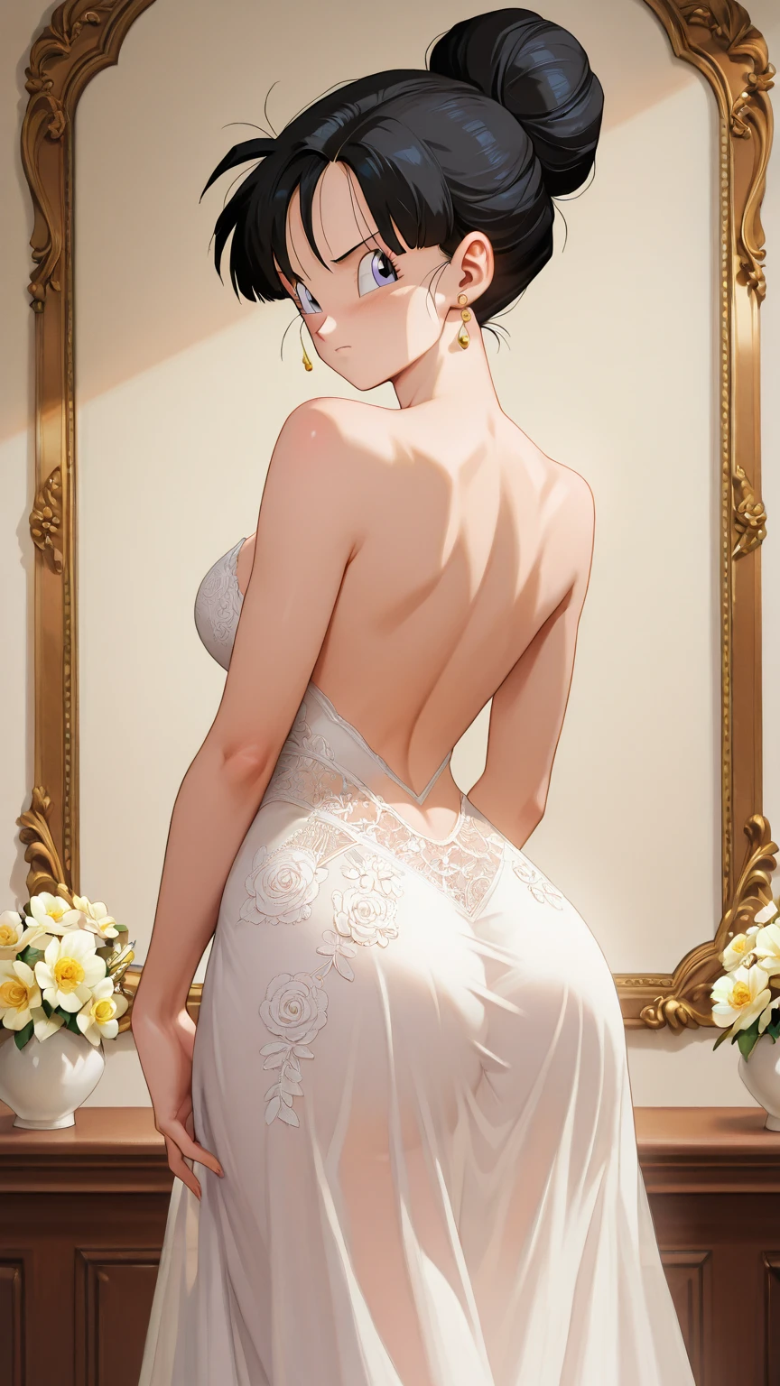 Hyper realistic super detailed sexy Boa Hancock,NSFW, Very detailed, expressions faciales sexy, seductive facial expressions, [:(Face detail: 1.4): 0.4], 16K resolution, 4k resolution, dinamic lighting, High definition resolution, (hyper realistic: 1.4), (back light: 1.2), (sun light: 1), (pleine hauteur: 1.8),(contrasting background: 1.5), (Anatomy of the hyperrealistic arm), (Hyperrealistic anatomy of the legs), (peau propre), (lighting cinematic: 1.7), (intime), (Technologie NVIDIA RTX Ray Tracing), (Anatomy of the hyperrealistic arm: 2), (Ventre plat parfait), (image couleur),Create a masterpiece in 4K resolution, ultra-realistic, and extremely detailed, featuring an alluring young Boa Hancock with a captivating physique and attractive bridal attire. The Boa Hancock's bride is the central character in the artwork, radiating joy and elegance. She stands in a beautifully decorated bedroom, with soft, natural light streaming in through the curtains, creating an intimate and enchanting atmosphere.

The alluring young  Boa Hancock possesses a captivating beauty. Her wedding gown is a true showstopper, with intricate lace, delicate embroidery, and a figure-hugging silhouette. She wears a veil that partially covers her face, adding an air of mystery. Her bouquet of fresh flowers is held gently in her hands.

Her physique is alluring, with graceful curves that complement the elegant lines of her bridal attire. Her hair is styled to perfection, with flowing locks that frame her face. Her makeup is tastefully done, enhancing her natural beauty. She wears sparkling jewelry that accentuates her allure, including a necklace, earrings, and a tiara.

The bedroom is tastefully decorated for the occasion, with floral arrangements and romantic touches. The bed is adorned with fine linens and decorative pillows. Soft candlelight or warm ambient lighting enhances the intimate setting