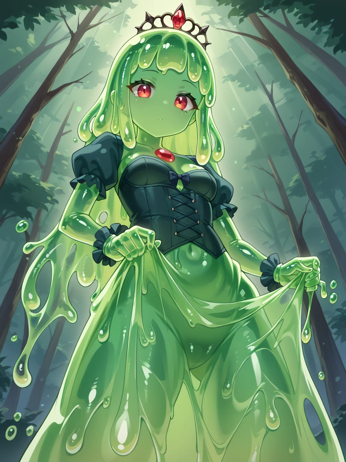 Girl Loli Slime, Exterior color: Green, Transparent, in full height, no dress, with long hair