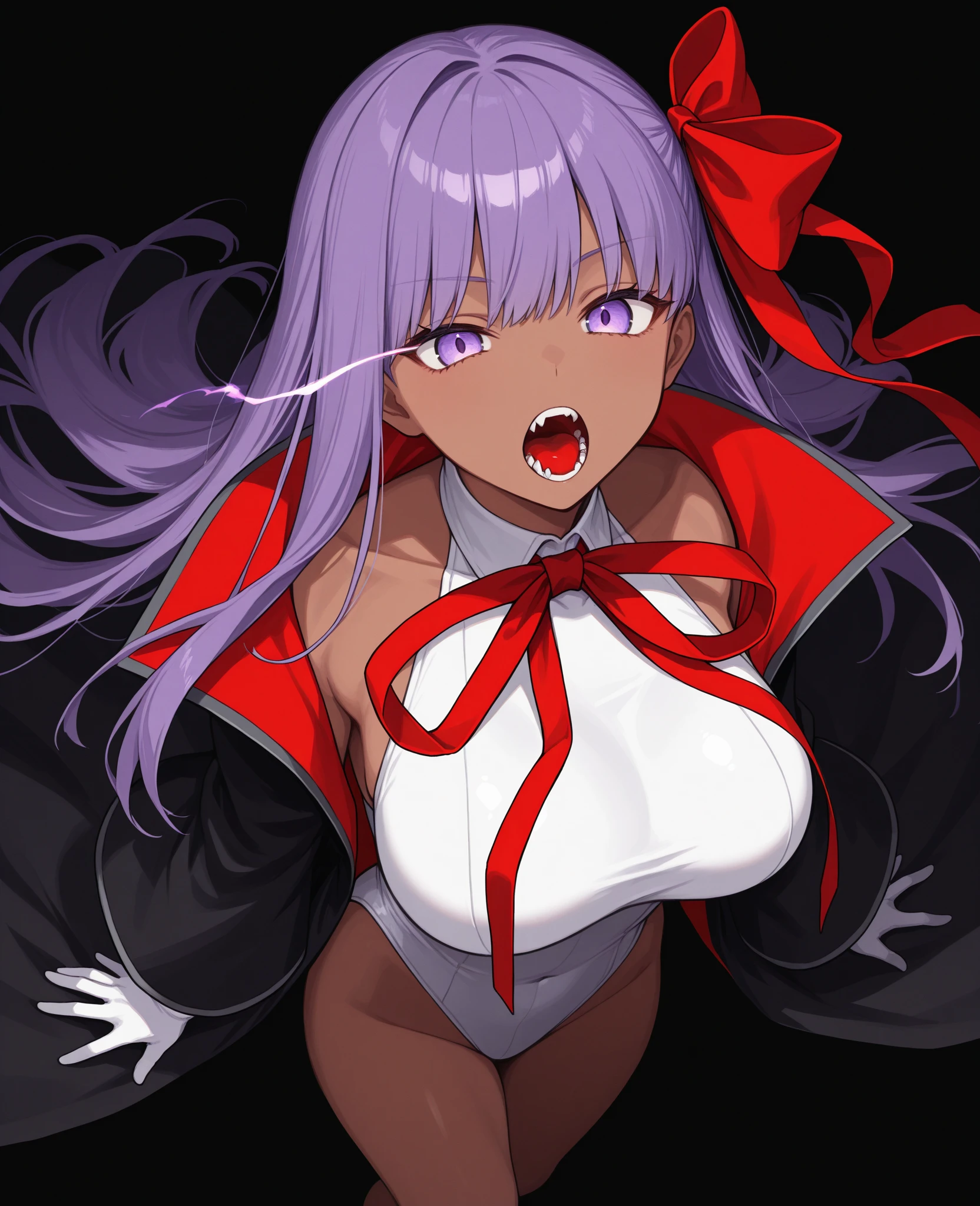 Florence Nightingale \(fate\)、Pink Hair、Red eyeschest、solo、Red eyes、Black Hair、Halation、Long Hair、?、White background、Big chest、bandage、Simple Background、hair ornaments、belly button、Jacket、Mummy costume、Halloween costumes、Staring at the audience、Black jacket、Open clothes、Bright pupils、Barrette、Long sleeve、White pupil、Open Jacket、Halloween、Very long hair、Huge chest
