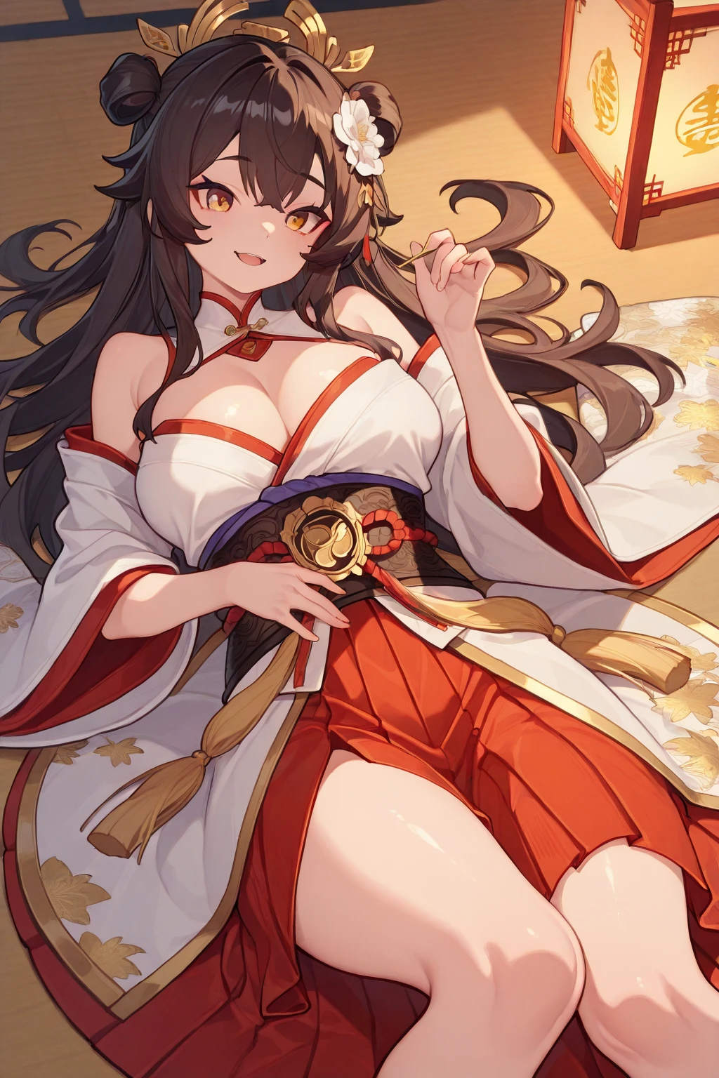 ????、1 Female、Brown hair、Brown Eyes、Best Quality、Super detailed、8 Resolution、Raw photo、Mastepiece、Perfect Body、high resolution、Highest quality、Detailed drawing、Vibrant colors、lure、Long Hair、Black-rimmed glasses、???????????、Captivating ???????、Lie down on the futon、Oiran