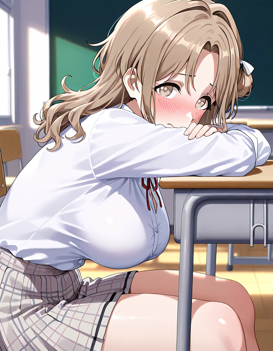 Highest quality, High resolution,8k、1 Girl、On the red carpet、((The woman is doing the bowlegged pose、Is giving a titjob))、A large amount of semen is applied、expression(Oho face(1.9))、??????、Shyness、Flushed cheeks(1.9)、Hot face、((blush(1.9)))、{Sweat(1.9)}、Wet(1.9),steam、Dark brown hair()、Giant Eyes、dark brown eyes、Sharp Eye,Short Hair, Huge breasts((0.9)Chest is bobbing up and down、There is an afterimage on my breasts), bangs(), Cleavage, clavicle,Big Butt, indoor、Bedroom,Kugisaki Nobara/ JUJUTSU KAİSEN (anime、Hair clip、School uniform cosplay(Black Cropped Doranda、White long sleeve shirt、black high waist skirt、Exposing her breasts、Exposed nipples)、Used Condoms、Black pantyhose over panties、(White panties under pantyhose(It has been torn open to expose the genitals))、{An angle looking at the buttocks from above} One Black Man,?????、Big Penis、{(The man has his arms around the girl's waist、The man is giving a titjob )}