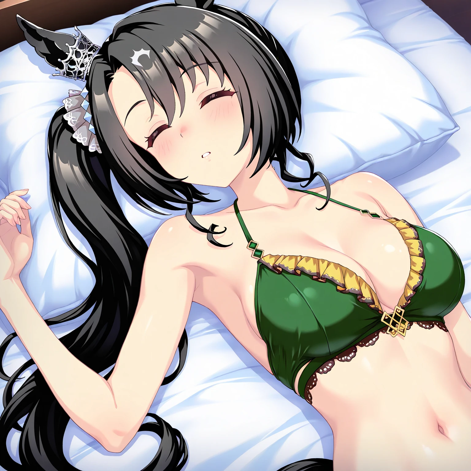 sexy, loli, girl, brown high ponytail, lying down, legs exposed, exposed breasts, bigger breasts, lower legs under thighs, no feet exposed, five fingers, blushing, high resolution, big eyes, small mouth, melon seed face, two-dimensional anime, two legs, two arms, white face, no hat, no muscles, high definition, red pupils, soaked