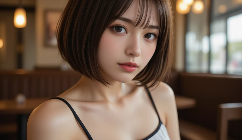 (Ultra-realistic), (figure), (High resolution), (8k), (Very detailed), (Best figure), (Beautiful and detailed), (Highest quality), (Super detailed), (masterpiece), (wallpaper), (Detailed face), alone, One Girl, watching viewer, Trendy clothes，Less exposure、Fine details, Detailed face, In the Dark, Deep Shadow, Modest, Pure Erotic Face Ace_v1, cool, short hair, Pointed diagonal bangs，on the train