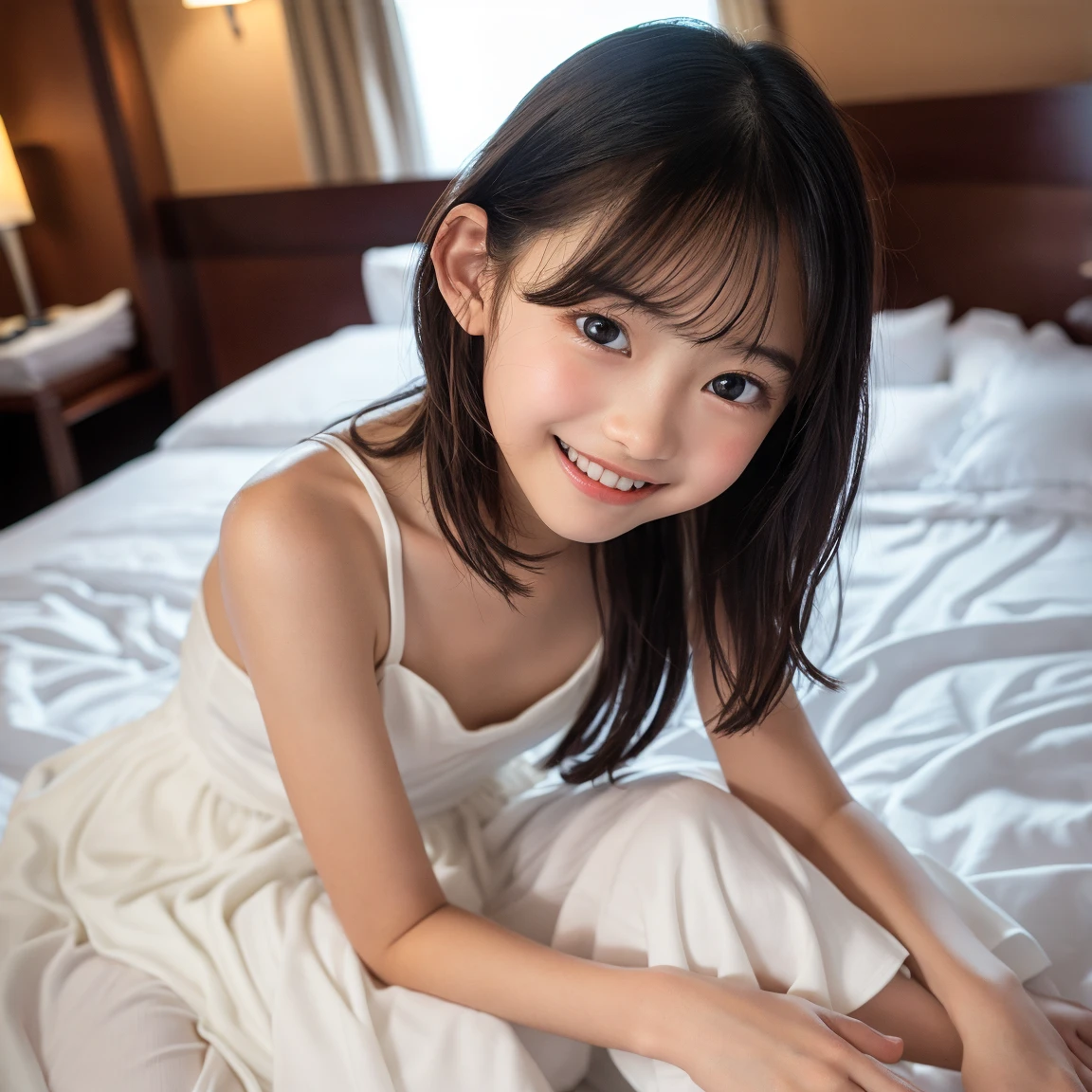 highest quality, High resolution, realistic pictures, detailed skin texture, Cute 12 year old Japan girls, view audience, slim body shape, charming gaze,  Fair skin, baby face, (flat chest:1.2), long straight hair, At the bed, (loli:1.2), white underwear, smile showing teeth