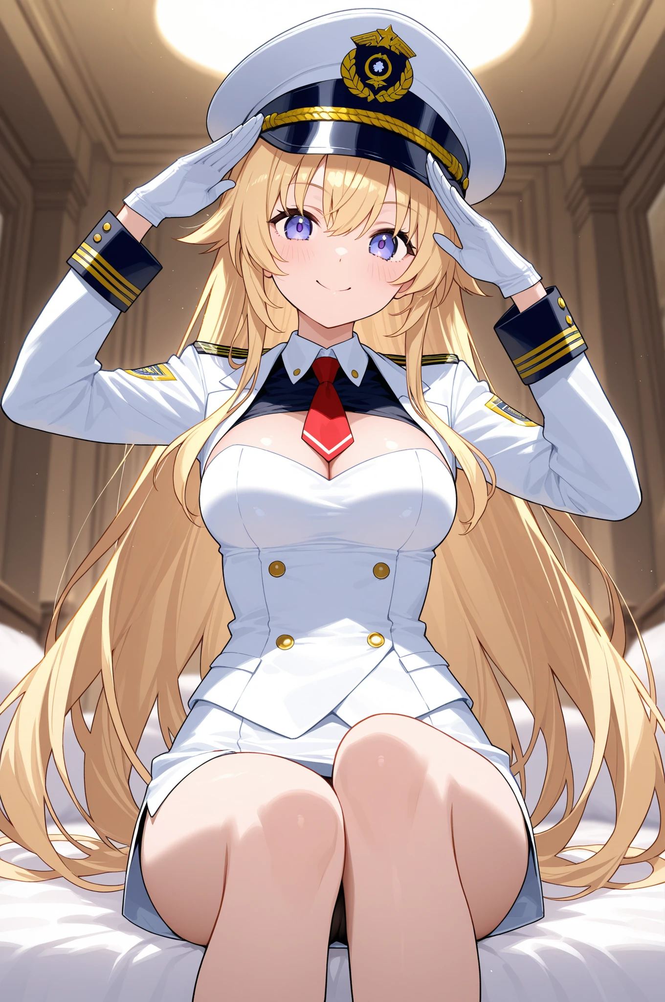 lexington (warship girls r), ((Masterpiece)), (((Best quality))), ((Ultra-detailed)), ((illustration)), ((Disheveled hair)), ((frilld)), (1 girl), (Solo), :) ， beret， black sock ， Blonde hair ， Blue eyes， book ， Breasts ， macaron， chair， Closed mouth， Clothing， Curtains ， day， desk ， drawer， epaulette ， eyeslashes， Feet ， Female ， full bodyesbian， hair between eye ， Hat ， Headwear， Indoors ， legwear ， Lens flare ， lipstick， Long hair， view the viewer， Makeup， Medium breasts ， No shoes ， Office chair ， One eye closed ， Open clothes ， Open shirt ， Pantyhose， Paper， Paper stacks ， pen， Phone， black shadows ， shirt ， Short sleeves ， Sitting ， Smile， A sole， （Spread legs:1.2） ， Sunlight ， Toes， White hat ， White headwear， White shirt， window ， wink，