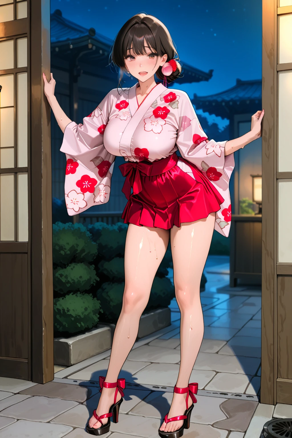 ultra detailed 8k cg,kimono,perfect face,beautiful face,mature female,large breasts,outdoors,sakura,snowing,looking at viewer, onsen,