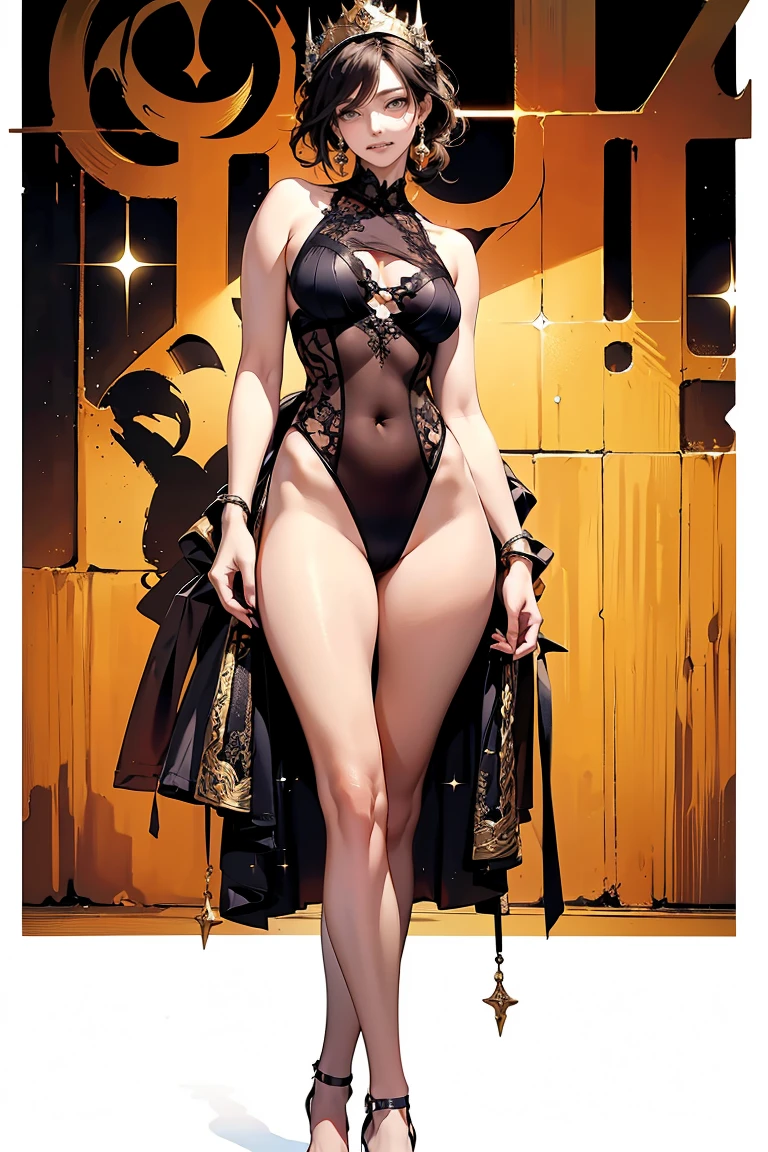 Very Black woman, looking at you in the middle of a big city, with sexy dress and heels, long legs and tits with hard and hard weights, she has black hair and is very tall. Sexy, hot, tall, Dress, skimpy, heels, hentai, black skin, curvilinear body