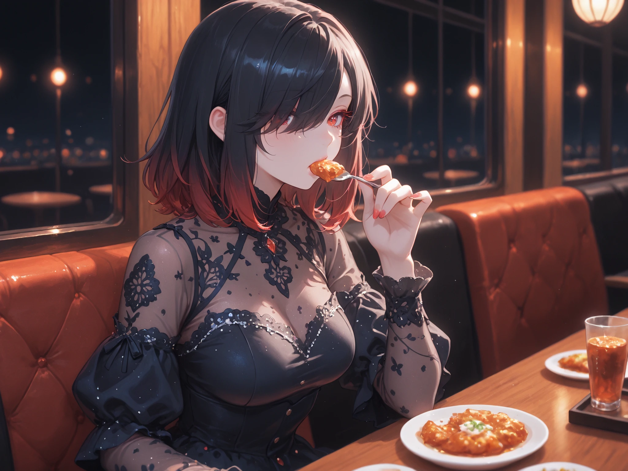 detailed illustration, dynamic angle, ultra-detailed, illustration, 1girl, late 20’s year old, dark, night, in a fancy restaurant, eating dinner at a nice table, nighttime, vampire, black dress, cleavage, red eyes, detailed eyes, long black hair, from the side, melancholy, sad, frowning, unsatisfied, depressed, well endowed, larger bust, a little drunk, noticeable cleavage