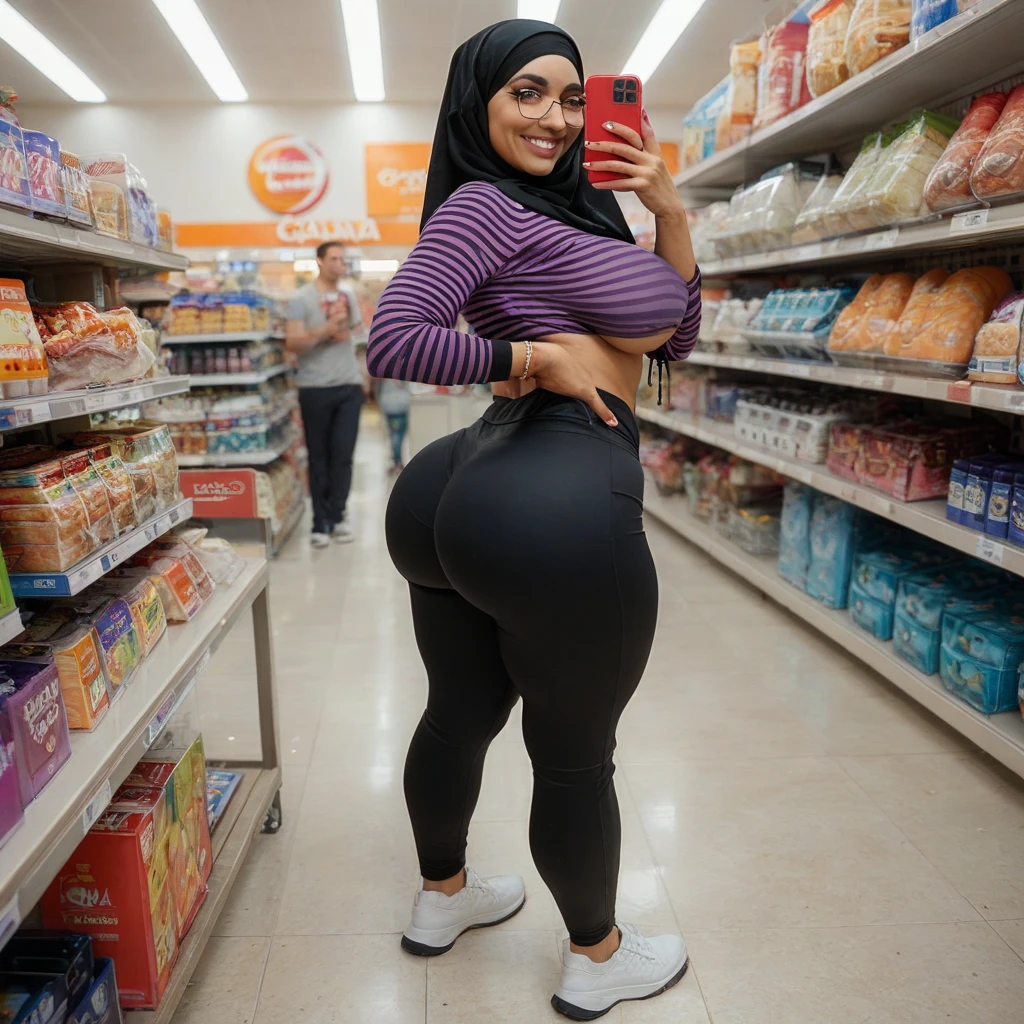 Asian mom  leans over a display case filled with donuts. ((she has black hair in a short hier)). She is wearing a hijab (she has thick thighs), and (((she has a huge butt))). Her calves are normal sized. Her feet are normal sized. She's wearing white tennis shoes with no visible socks. Photo is taken from the side. Building is warm colors.