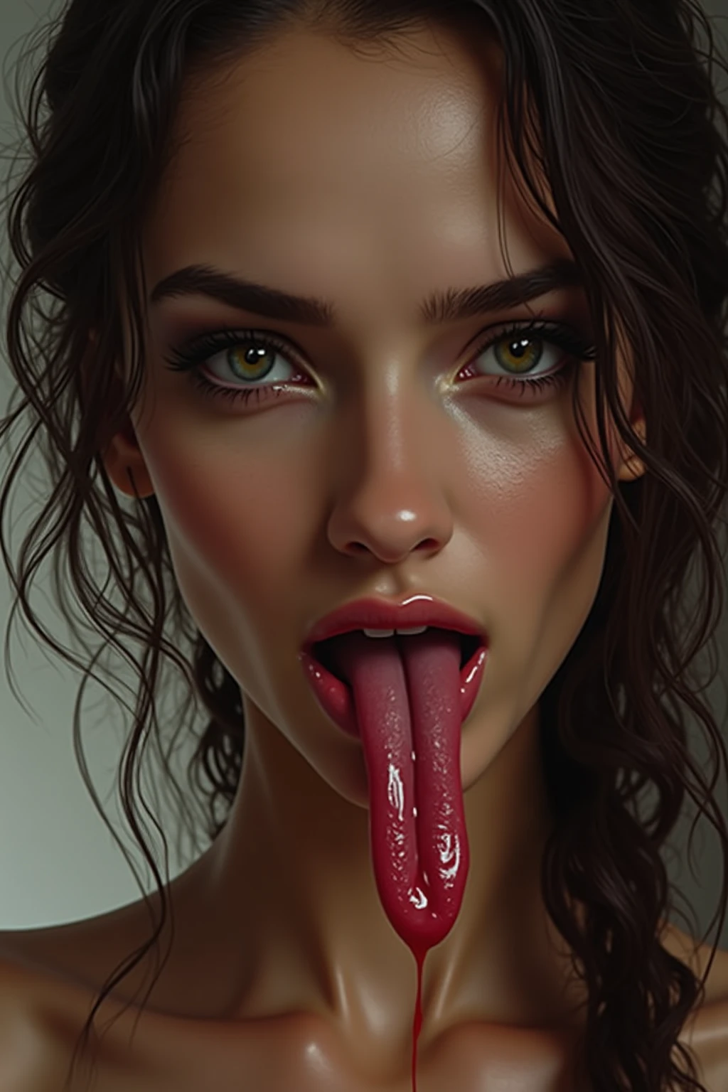 score_9, score_8_up,score_7_up, score_6_up, score_5_up, score_4_up, woman, best quality, highres, portrait, solo, beautiful, makeup, soft lips, hermione as a serpentar, grimace, put out your tongue, large cleavage, snake double tongue, latex micro bikini