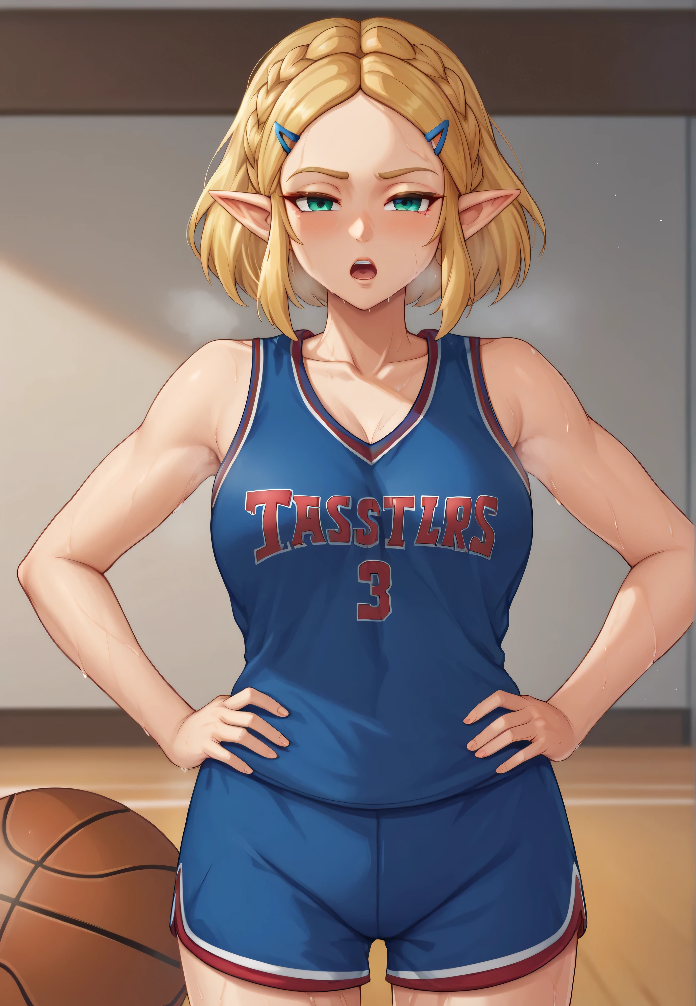 masterpiece, best quality, highres, aazelda, Princess_Zelda, hairclip, blonde hair, pointy ears, hair tied into a bun, blue tanktop, inside gym, standing, cowboy shot, gym background, open mouth, out of breath, sweaty, sweating, exhuasted, tired exporession, sexy, basketball uniform, basketball jersery, sportswear, jersey, shorts, sleeveless,, audience, gym, sweat, open mouth, steam, sweat, looking at viewer, open mouth,, cowboy shot, half shut eyes, hands on hips