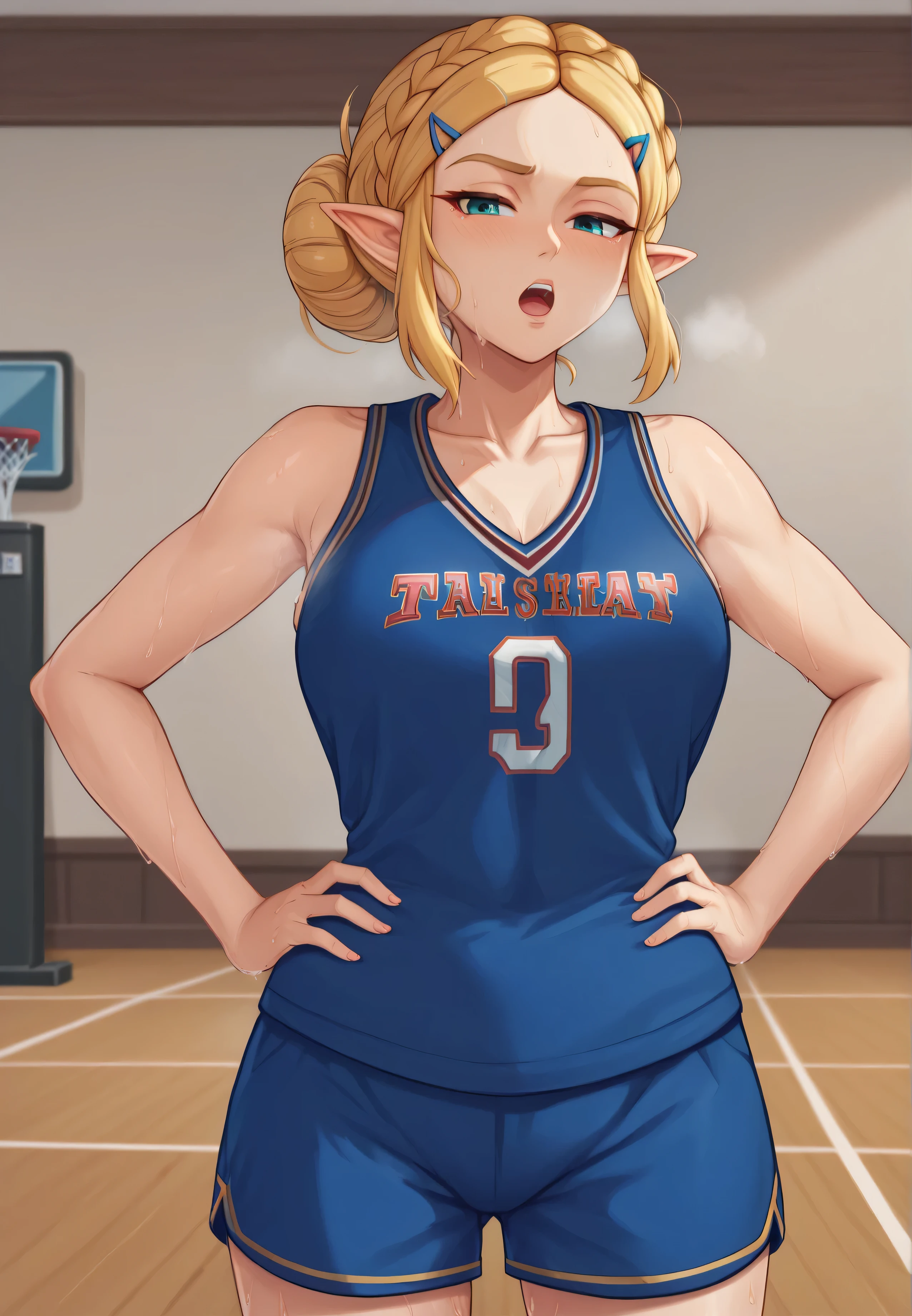masterpiece, best quality, highres, aazelda, Princess_Zelda, hairclip, blonde hair,  pointy ears, hair tied into a bun, blue tanktop, inside gym, standing, cowboy shot, gym background, open mouth, out of breath, sweaty, sweating, exhuasted, tired exporession, sexy, basketball uniform, basketball jersery, sportswear, jersey, shorts, sleeveless,, audience, gym, sweat, open mouth, steam, sweat, looking at viewer, open mouth,, cowboy shot, half shut eyes, hands on hips