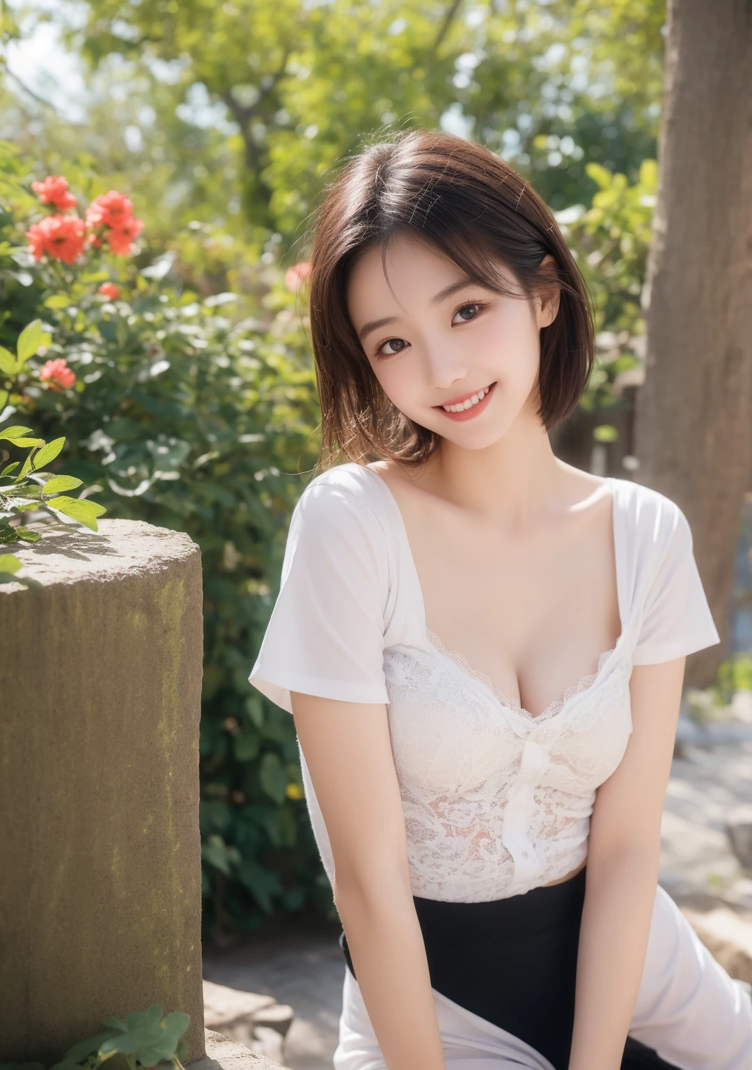 （masterpiece）、(highest quality:1.5)、(Photorealistic:1.2)、(Surreal), (High resolution), (Realistic), (Post-processing),(Sharp focus), Sharp focus:1.2,Backlight, (Improvement of quality:1.4), Healthy thighs、(Narrow waist)、Big Ass、((Perfectly detailed five-fingered hands)),（Anatomically correct body）、((1 female:1.4))、Japanese、Realistic Skin、（Small chest：1.4）、Bust size is C cup、Pretty woman with perfect figure:1.4,(from the front:1.5), (Enhances the beauty of skin texture:1.1),No makeup、美しいBlack Hair、The best smile、Natural color lip、(Small Mouth:1.4)、(Oval Face)、Even bangs、Hide eyebrows with bangs、((29-year-old woman))、Bob Hair、Hair blowing in the wind, (Black Hair, Iris, Watery eyes, Shining Eyes, Bob cut hair, Small earrings,), Hair behind the ear、No makeup、(Drooping eyes)、Drooping eye corners、Photos taken by a professional photographer，1 girl, Cute Smile,whole body、(((One lovely woman)),((A big friendly smile)),(( Small breasts,Small breastsの谷間)),((((Plump Cheeks)))),((whole body：1.５))、(Narrow waist、Slender Body)、(((I'm laughing out loud:1.5))),Japan Female Professional Golfer、Short flared skirt、(Roll up the skirt yourself)，Shining Legs、Pink Wear、Inviting eyes、((standing with legs stretched apart、Wearing a shirt))、Laughing out loud、