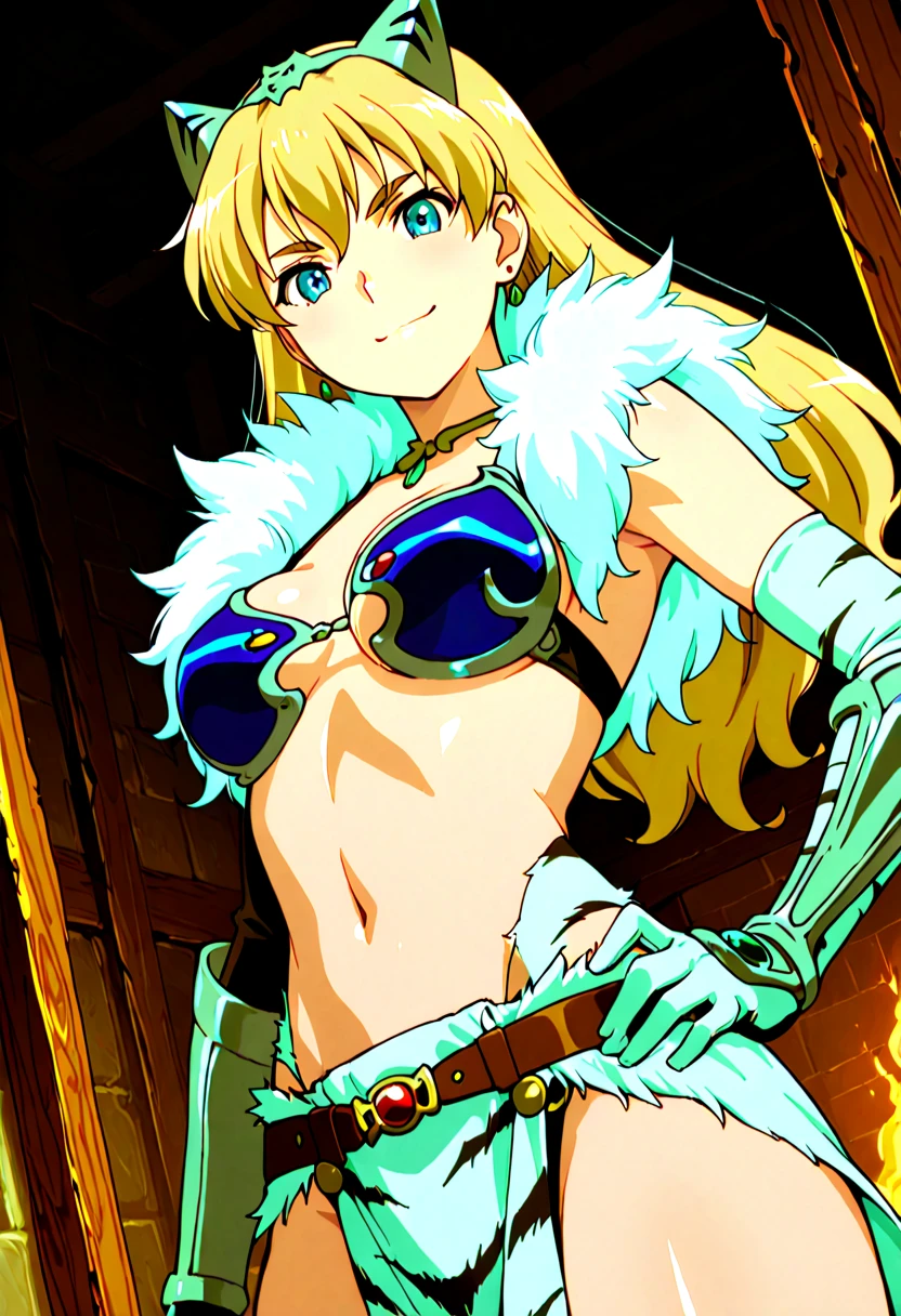 (1girl, Chaotica), (extremely detailed CG unit 8k wallpaper),(master part), (best quality), (ultra detail), (best illustration),(ghibli style), cowboy shot, (Sharp eyeliner, ombre, detailed eyes:1), midnight, dark burning volcanic cave background, ,break , (GHIBLI_Background), Belt, bikini, blonde hair, cloak,white cape, choker, cloak, elbow gloves,