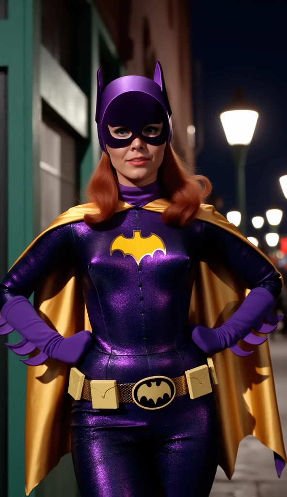 yvonne craig woman,  she is trapped inside a big glass tube, attacked by blue lightnings wich shocks yvonne body causing sparks on her puprple outfit. she is standing in pain with her shoulders shrugged, screaming with her eyes wide open looking to camera, she is in pain, we see her injures, 60's style, analog film,, on a lab, medium shot