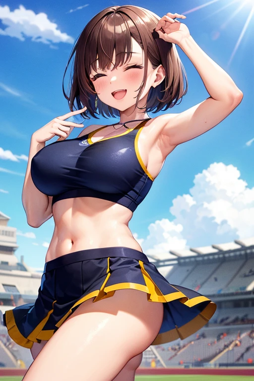 (1 person),(Best image quality, 8k, masterpiece:1.3), Anatomically correct, ((Brown hair bob cut:1.1)),(Swept-apart bangs,), (Cute eyes, Dark Eyes), (Mole under right eye), (thin), (Large Breasts),(Glowing Skin:1.1),(Pale skin:1.2),(Fantasyな雰囲気),(look up),Ultra-high resolution, Textured skin, Sparkle Effect, audienceを見つめる,Fantasy,Bright Eyes,

Black lace panties,Cheerleader,Braid, ribbon, Wet body,Sweat,

Cheer uniform,mini skirt,pom-pom,Confetti,Outdoor,Stadium,audience,Underarm、Raise your hand,belly button,Cleavage,

Low Angle, Accentuate your breasts,Show your pants,cheer leading,Jumping,


smile,