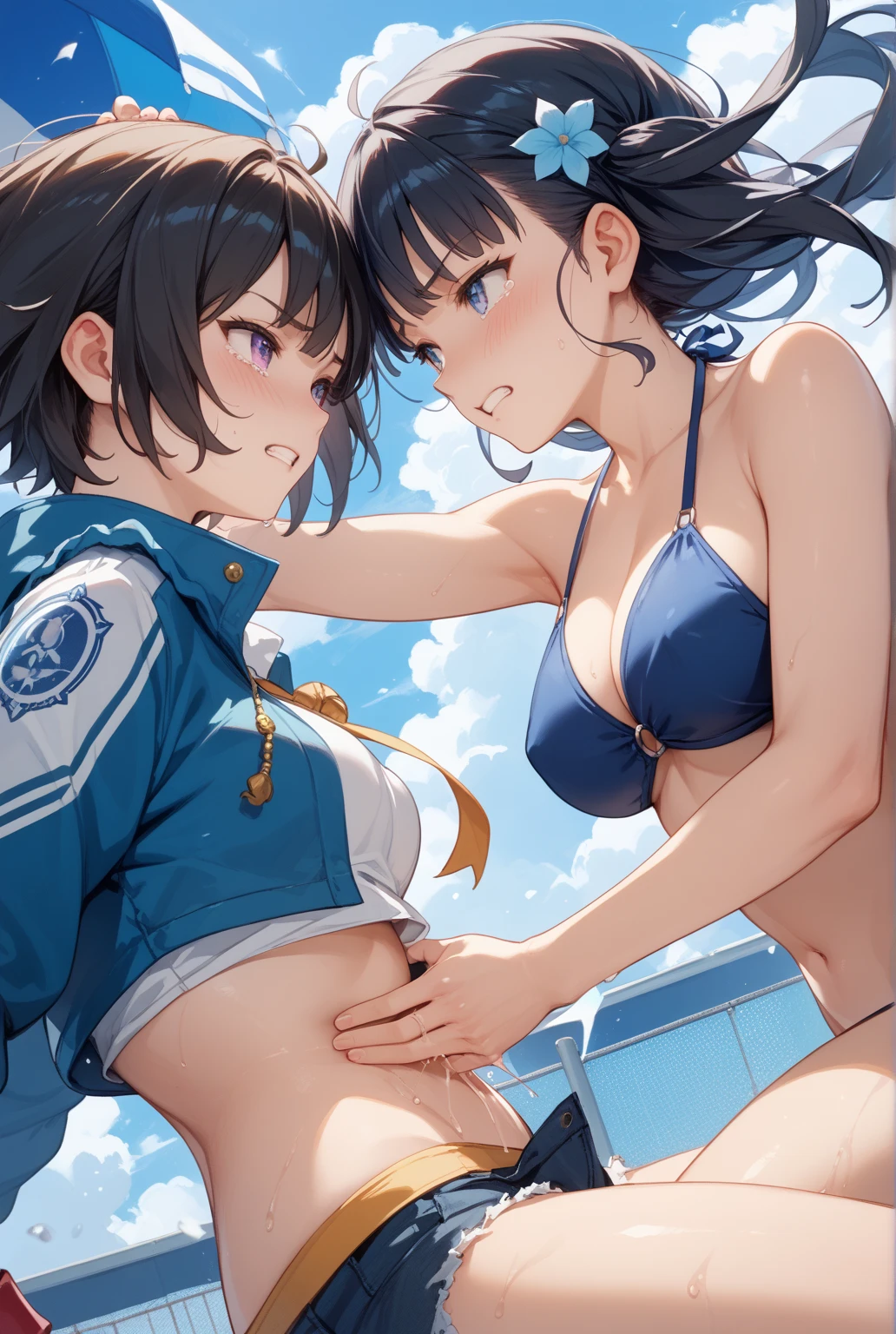 Highest quality、super high quality、16K, topless、Nipples、Sexy ass、Breast size is random、Facial expressions are random、Location is a road、 Hair color is random、The pose is with her butt sticking out、The distance is random、Angle from below、Small face、Very delicate facial expressions、Delicate eye depiction、Highly detailed hair、Erotic、18-year-old female、Glowing Skin、Soft Skin、Lower Body、The only sexy Japanese woman、Race queen outfit random、Butt crack、Focus on the buttocks、2 women、