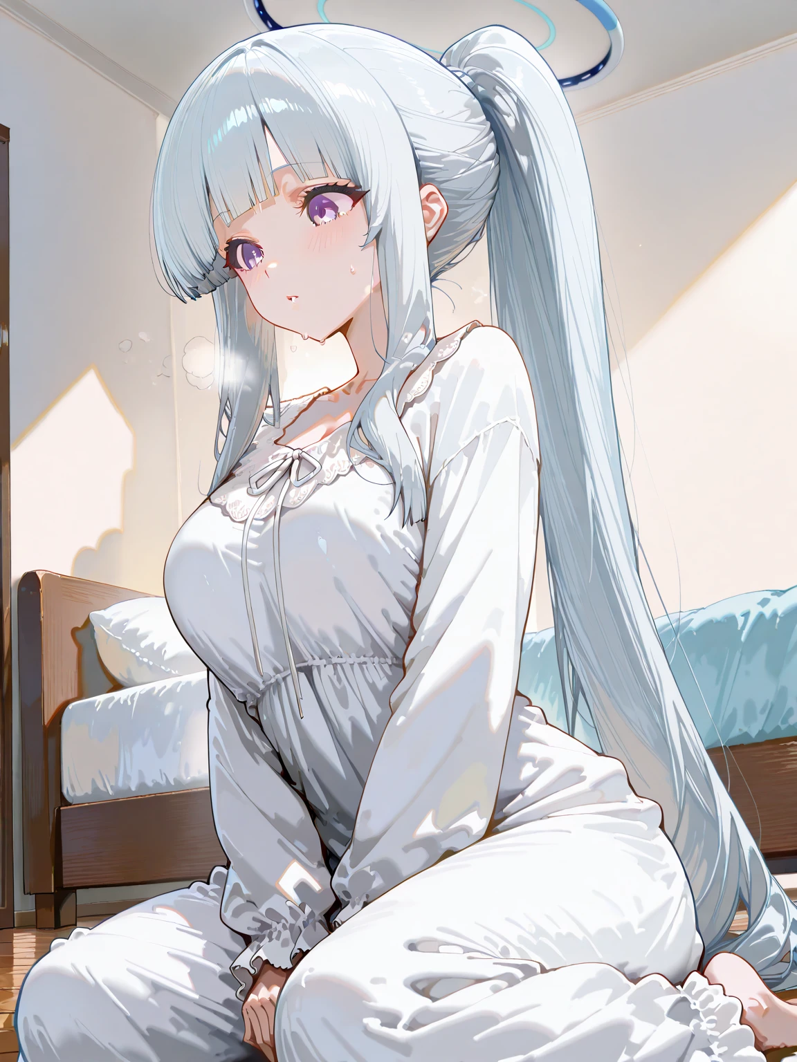 (higher resolution, distinct_image) best quality, a white-haired woman, masterpiece, highly detailed, semi-realistic, 21 years old, beautiful, young, handsome, t-shirt, lilac shirt pull, collar at neck, interior, modern room, window, wake up, morning, blush, smile