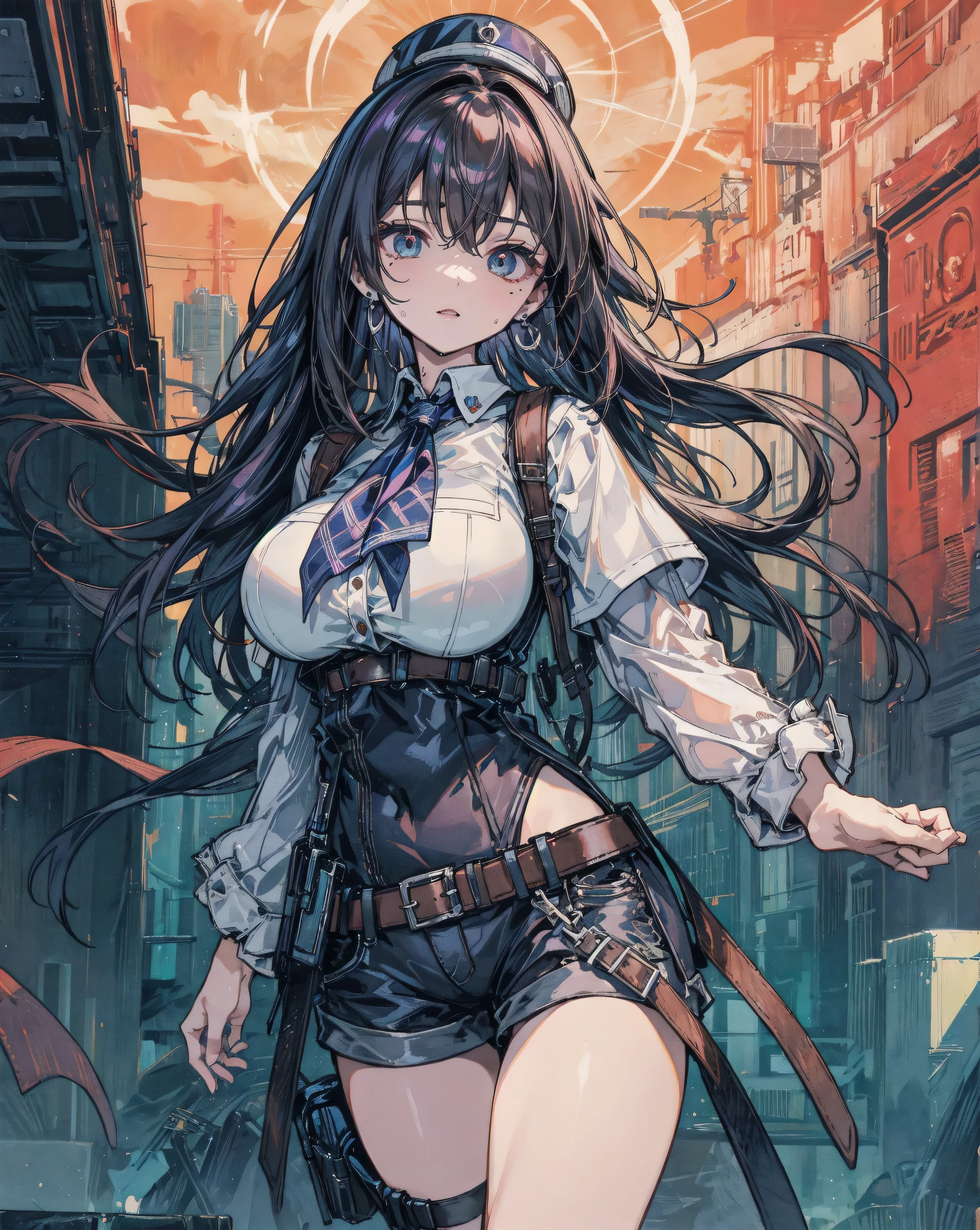 (Masterpiece: 1.6, Best Quality), (Fine and Beautiful Eyes: 1.2), (Overhead), High Quality, Beautiful Face, 1girl, Leather Tight Skirt, Big Tits, Long Hair, Wide Hips, (Landscaped), Street, Background, Detail Background, Spooky Grin, Angled Laughter at the Corners of Mouth, Long Coat, Shirt, Tie, Office Lady, Mature