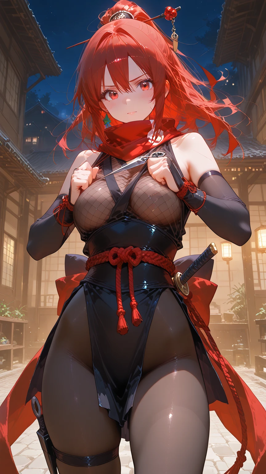 1girl,solo,super detailed skin,shiny skin,wet oily skin,serious face,lips gloss,eyelashes,glowing red eyes,red hair,blunt bangs,sidelocks,a braid,large breasts,body suit,Shinobi clothes,cleavage cutout,fishnet,cowboy shot,night bridge,masterpiece,best quality,ultra detailed,high resolution,sharp focus,depth of field,